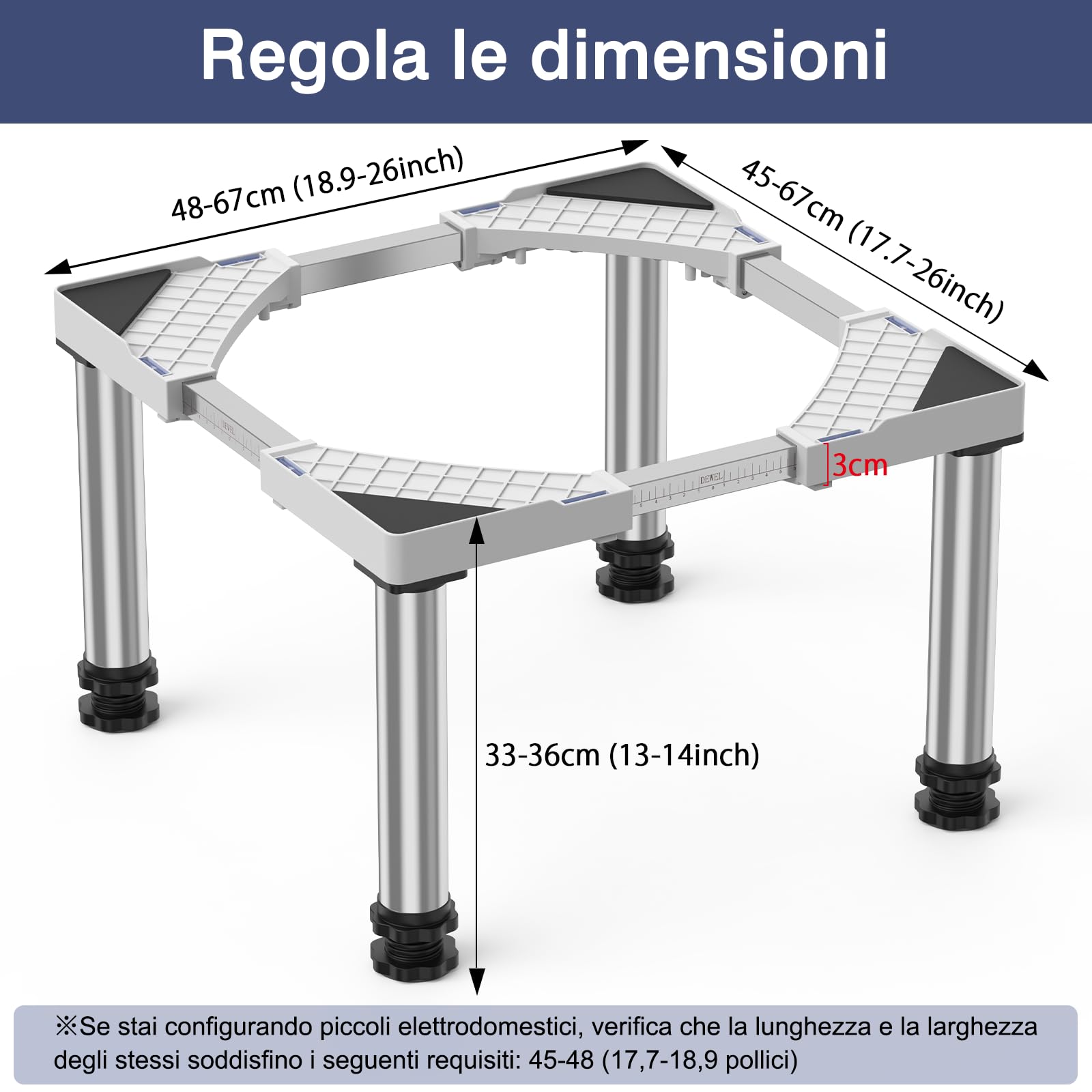 DEWEL Mini Base Per Frigorifero Rialzata, Altezza 33-36 CM, Base Per Lavastoviglie 45-67 CM Con 4 Piedini Robusti, Carico 200 KG Per Asciugatrice Armadio Frigorifero (Bianco)