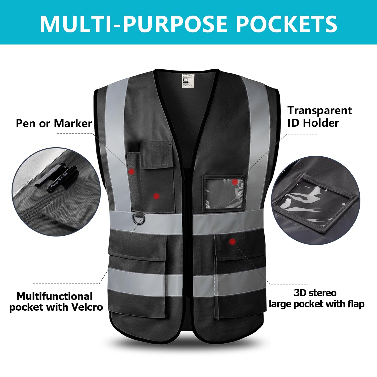 YUANVEST Hi Vis Vests for Men Women 5 Pockets,High Visibility Reflective Safety Security Vest,2-inch Reflective Strip High Visibility Vest,Meets ANSI/ISEA Standards (Black-Cloth - Image 4