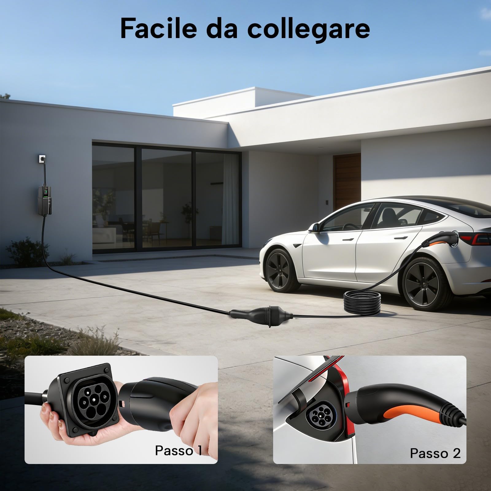 Cavo Prolunga per Veicoli Elettrici Tipo 2, 7kW/32A/Monofase/7m | per Veicoli Elettrici IEC 62196, Borsa per il Trasporto, impermeabile IP54