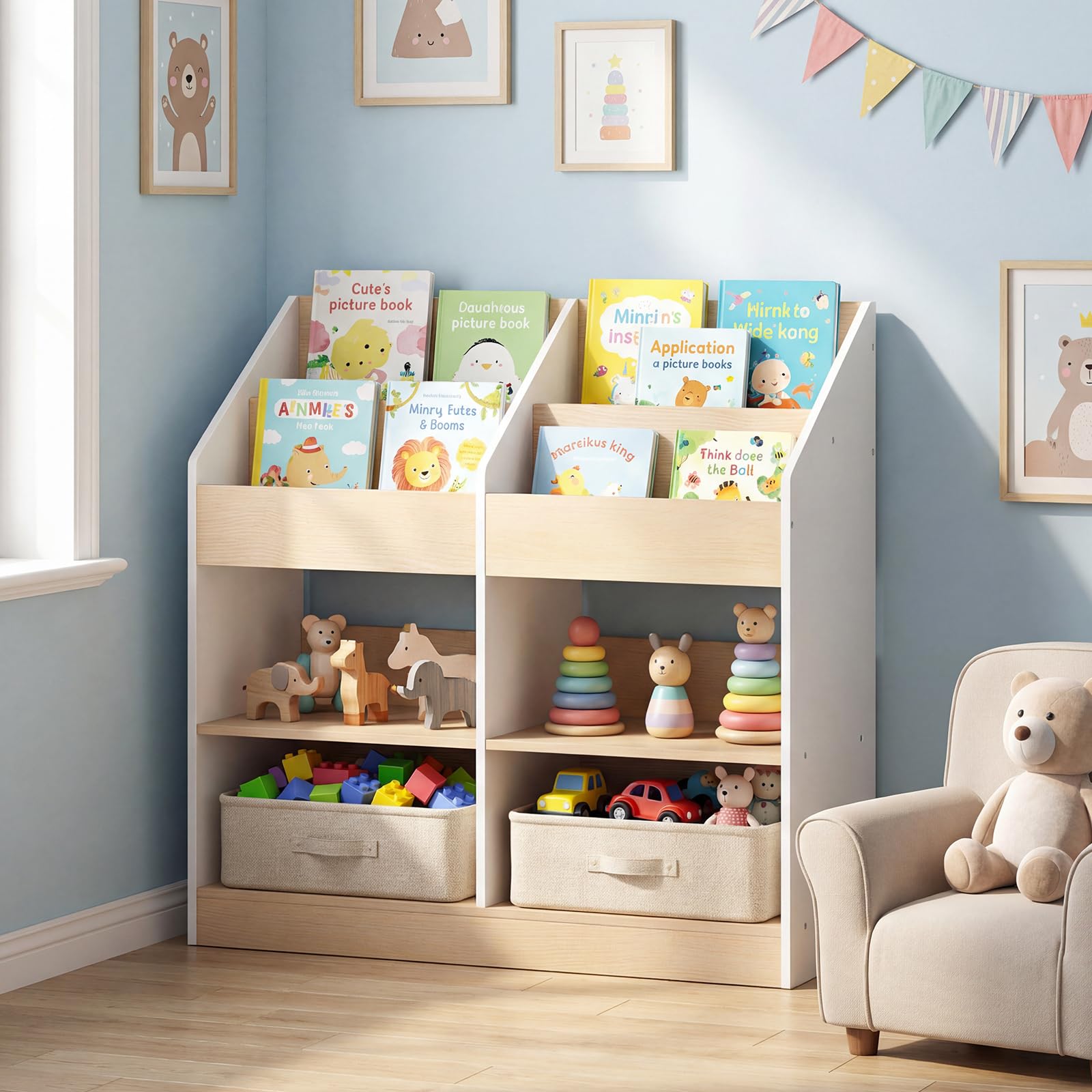 COSTWAY Bibliothèque Enfant en Bois avec 4 Cubes et 4 Compartiments Ouvertes, Étagère à Livres Enfant avec Kit Anti-basculement, Organiseur de Jouets pour Salle de Jeux Crèche