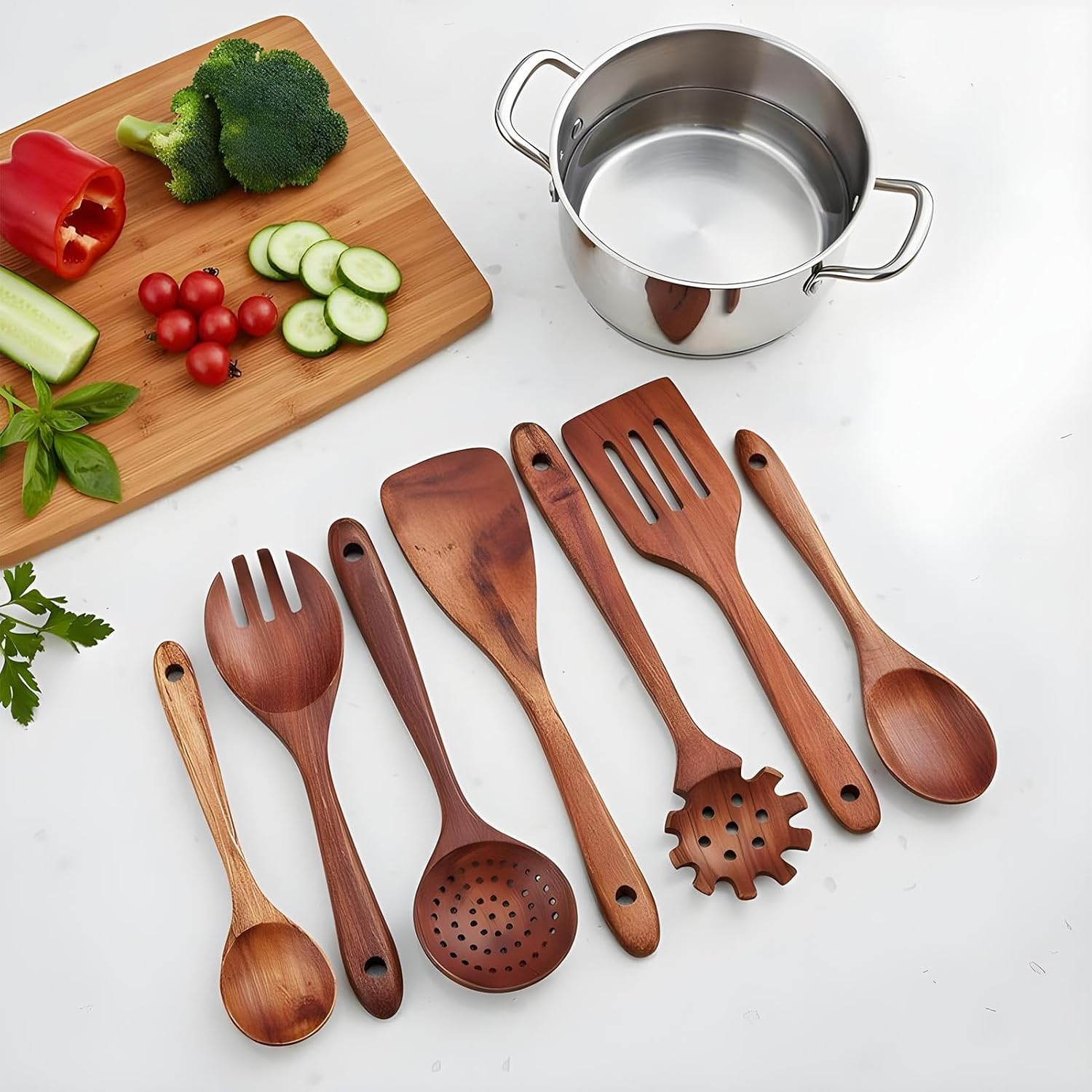 Cooking Utensils Set - Non Stick Cookware Safe Wooden Tools, Comprehensive 8 Piece Collection, Scratch Proof Utensil Design, High Heat Resistance Performance, Perfect for Meal Preparation