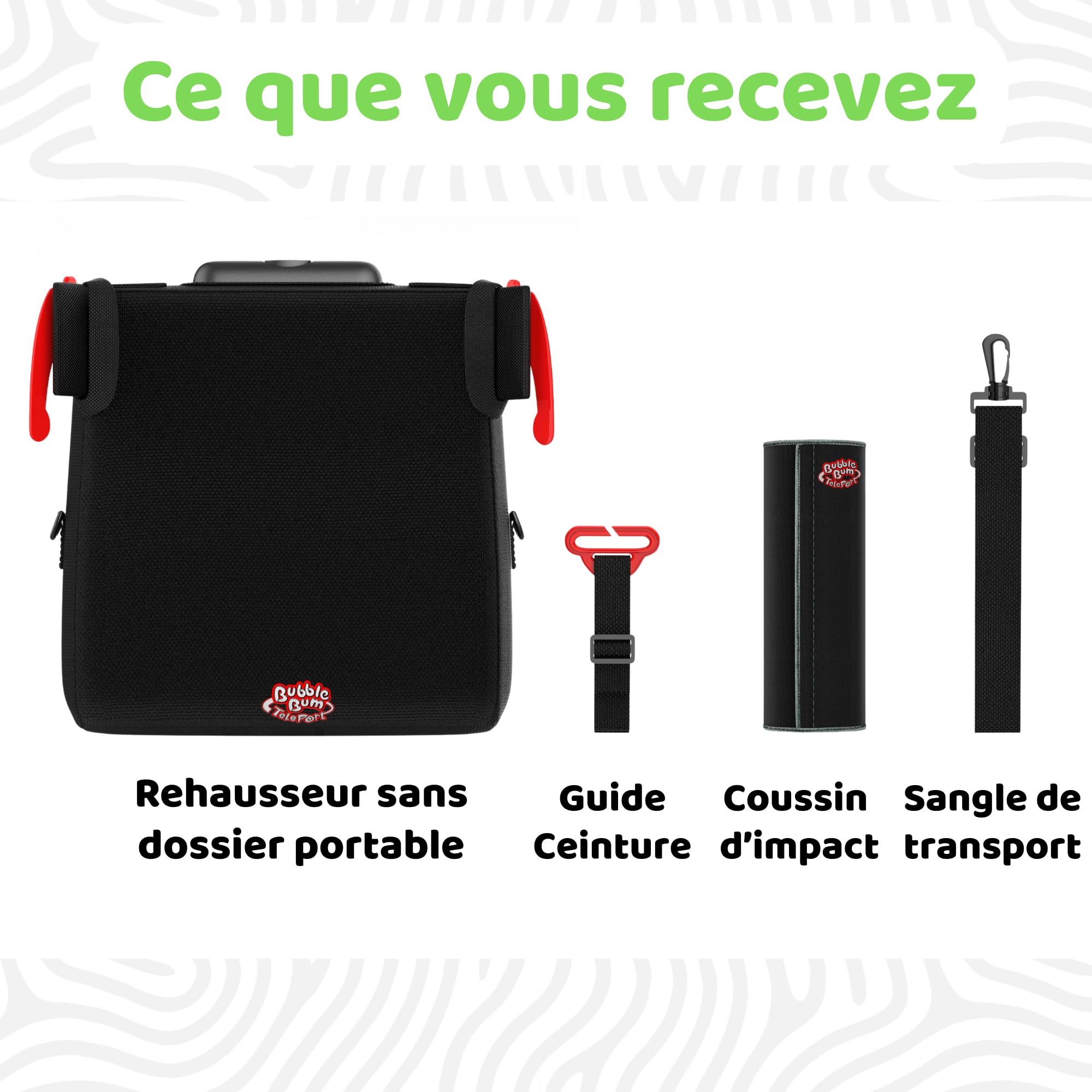 BubbleBum TelePort Rehausseur Voiture Enfant, Sièges Auto Voyage San Dossier, Réhausseur Voiture, Siège Auto Pliable Portable, Siege Auto Enfant 125-150cm, 5 à 12 ans, Groupe 2/3, i-Size R129 - Noir