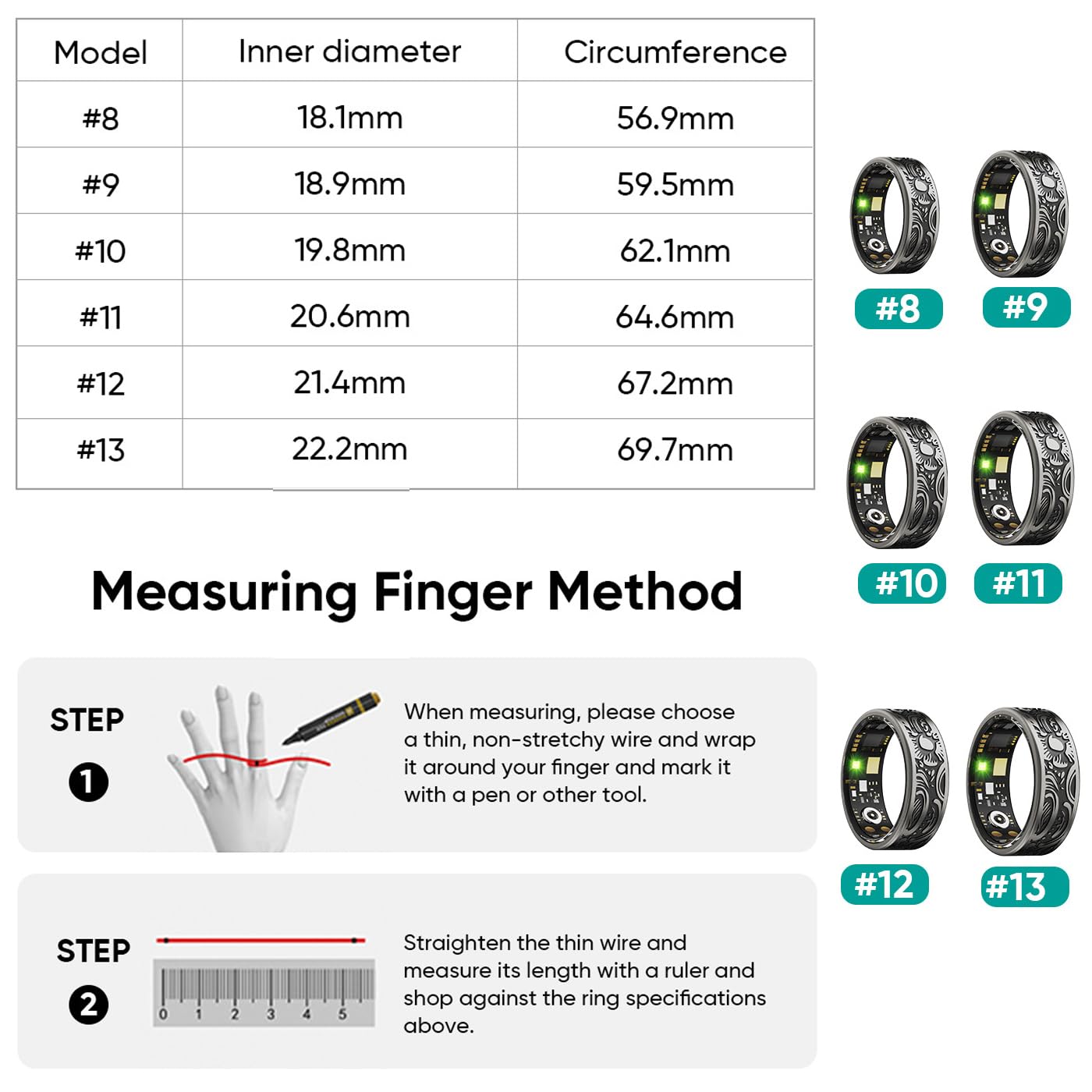 Smart Ring Uomo Donna, Anello Fitness Tracker con App, Scatola di Ricarica, monitoraggio del Sonno, Tracker per Tempo Sportivo, Distanza, Calorie, Impermeabile, Anelli Fitness per d 13