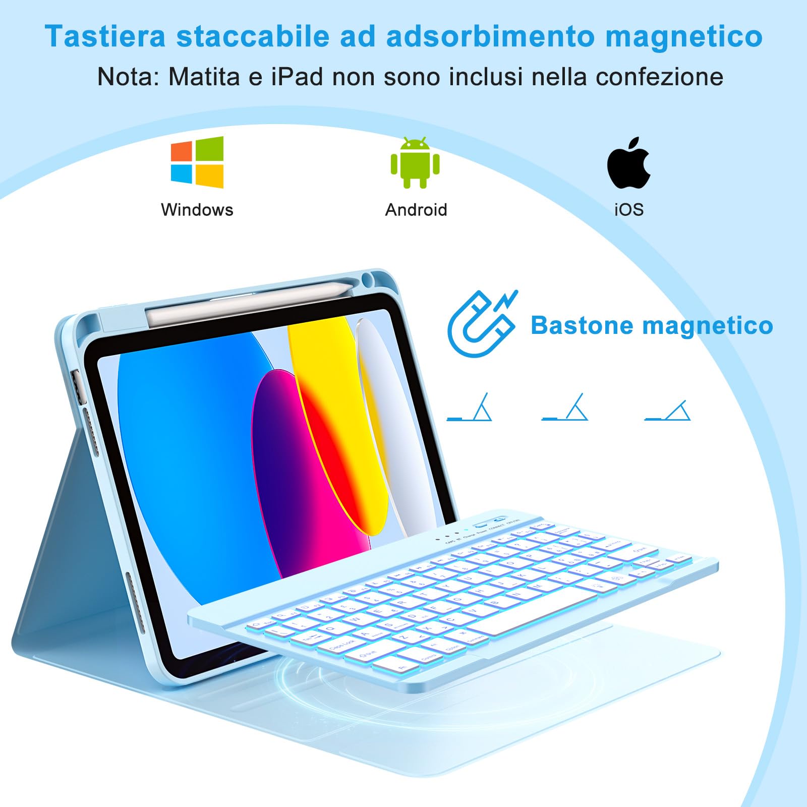 Bueuwe Custodia Con Tastiera Per IPad A16 (11ª Gen 2025) E 10ª Gen 2022 – Wireless, Staccabile, Retroilluminazione 7 Colori E Alloggiamento Penna