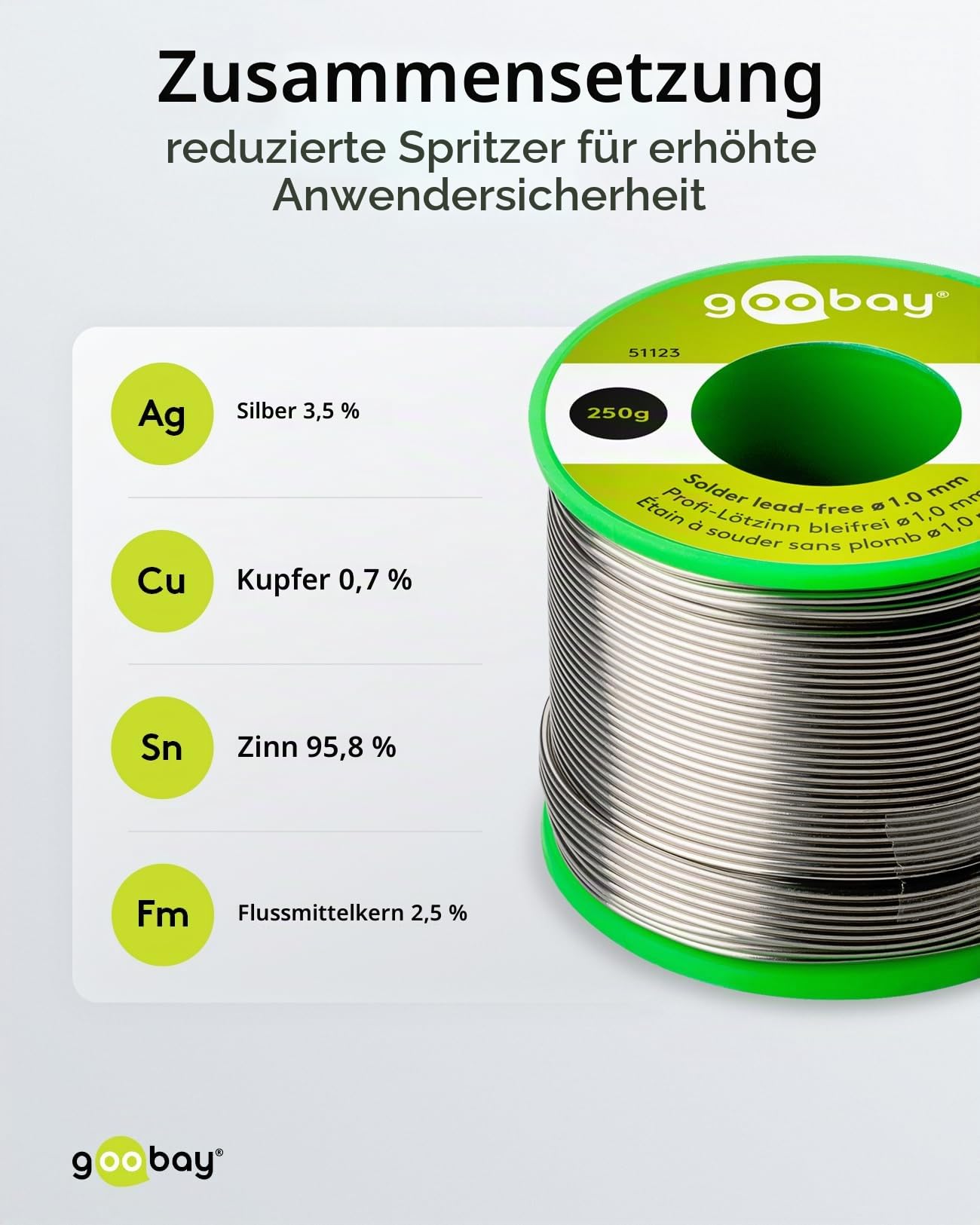 Goobay 51123 Lötzinn bleifrei ø 1mm Lötdraht mit Flussmittel, 3.5 % Silber & 0.7 % Kupfer, 217 °C Schmelzpunkt, Löt Zinn bleifreies Löten, 250g