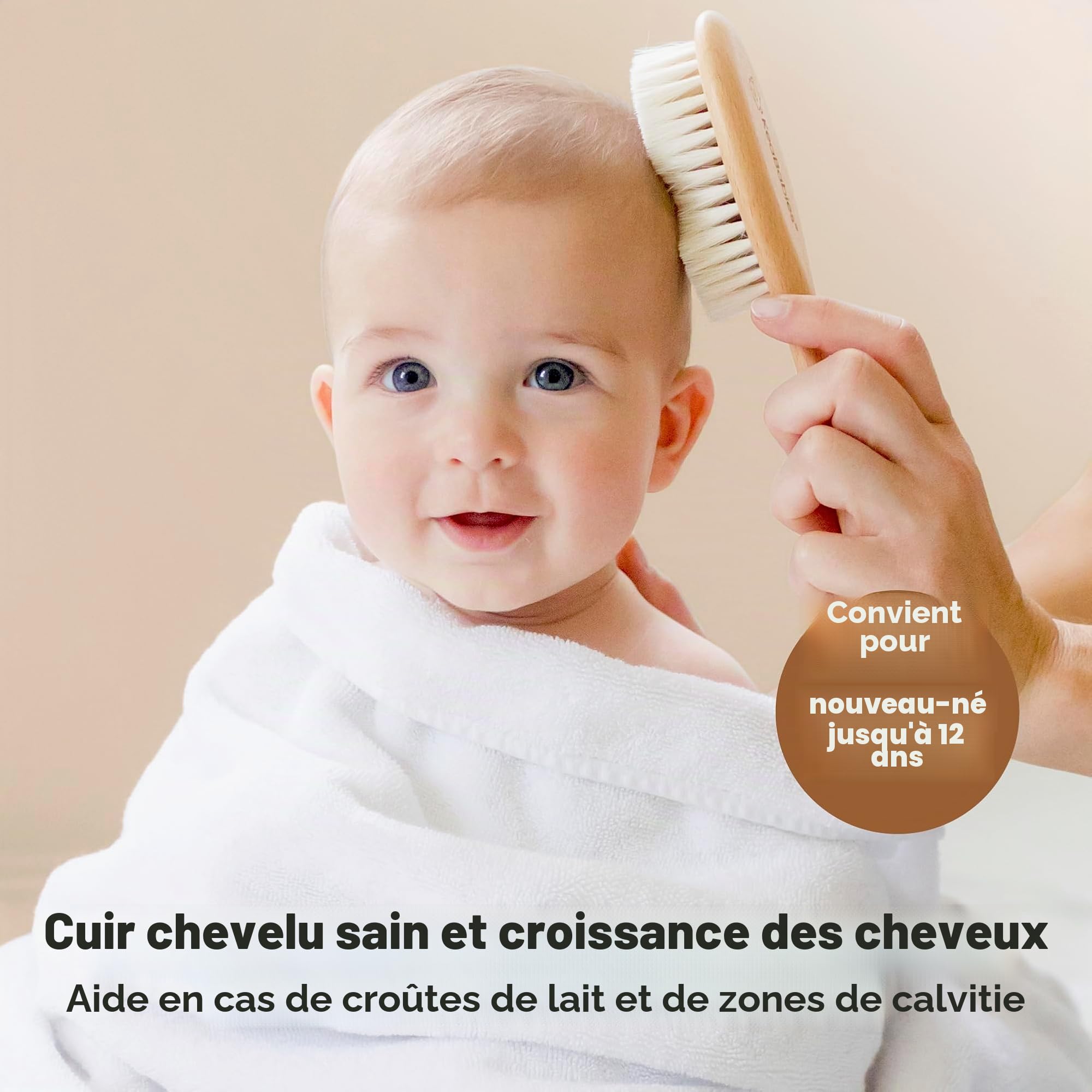 Brosse à Cheveux Bébé Pour Nouveau-né - Brosse à cheveux en bois naturel avec poils de chèvre doux pour berceau - Kit de toilettage parfait du cuir chevelu pour nourrissons, tout-petits et enfants