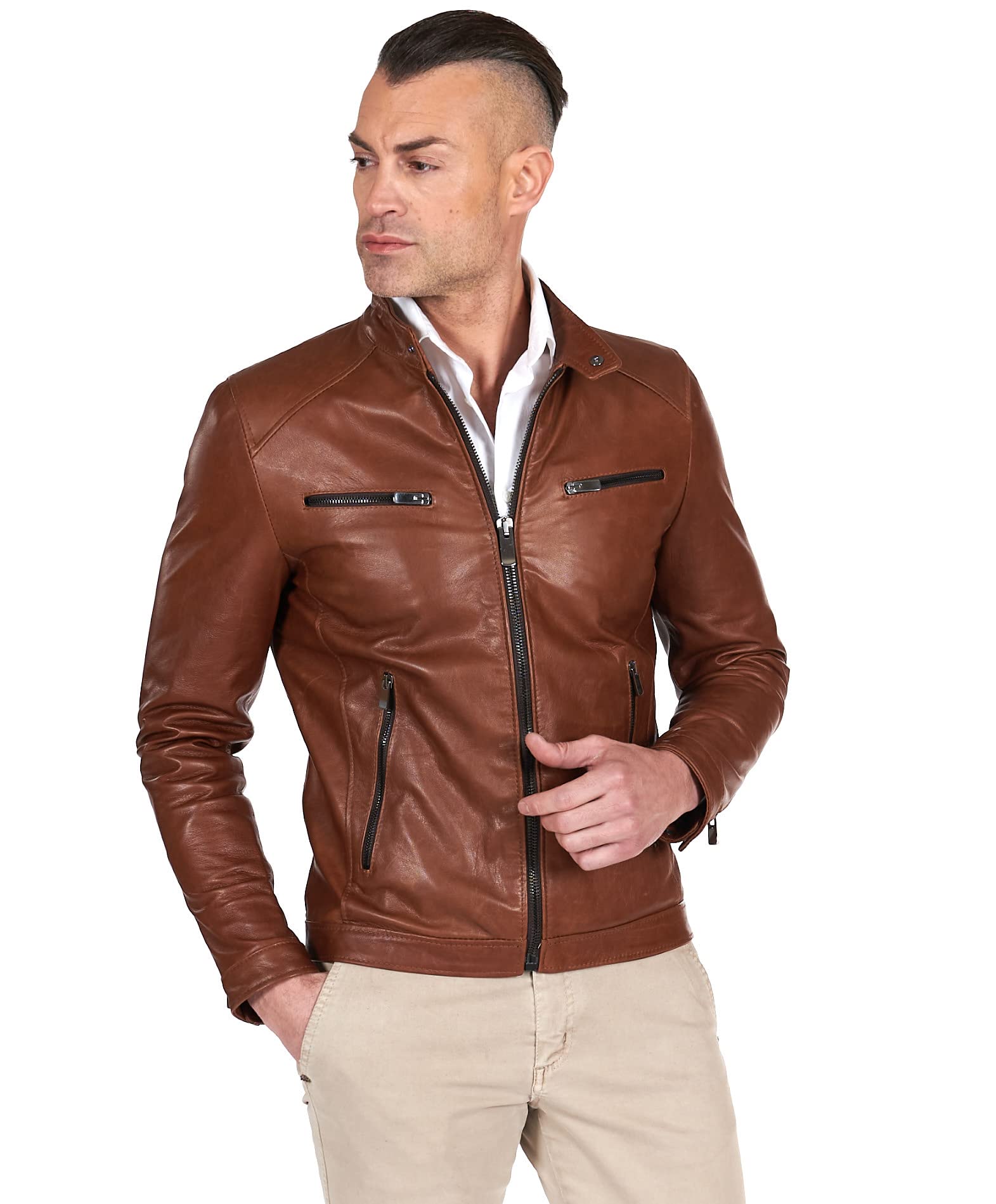 D'arienzo Men's Tan Leather Jacket Vintage Biker Genuine Leather Made In Italy Hamilton 54/Xl