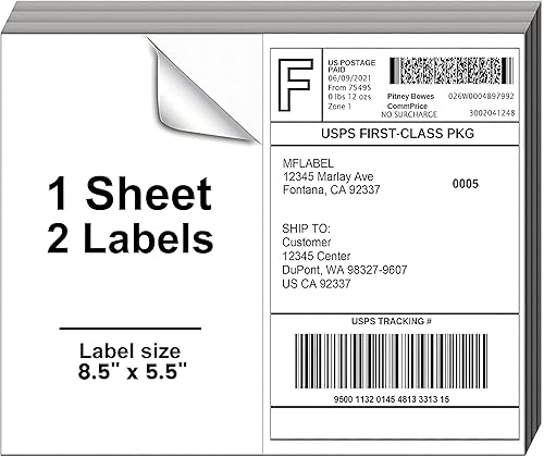 Etiquetas de envío de media hoja de 8.5 x 5.5 pulgadas para impresoras láser y de inyección de tinta, 100 etiquetas/50 páginas (2 etiquetas/página),