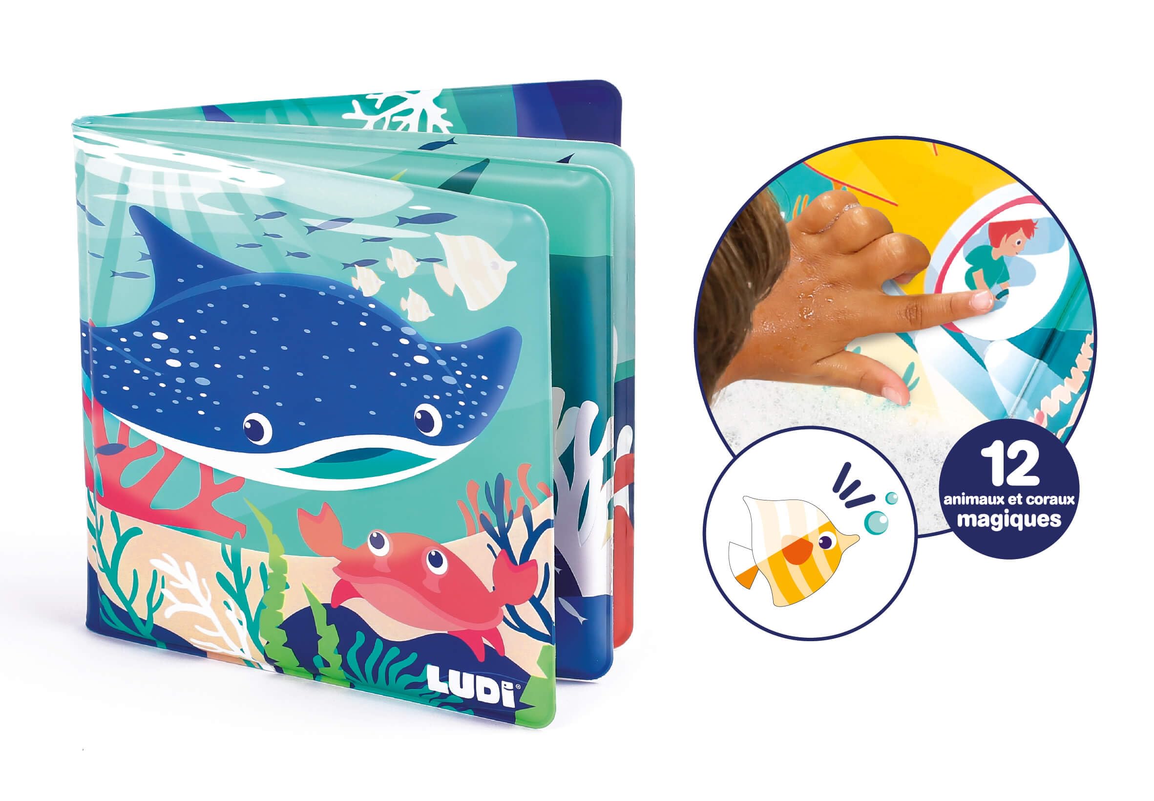 Ludi - Livre De Bain Magique - 12 Animaux Marins Et Coraux - À Décourvrir Au Contact De l'eau - Dès 10 Mois - Découverte, Motricité Fine Et Réflexion - Thème Marin
