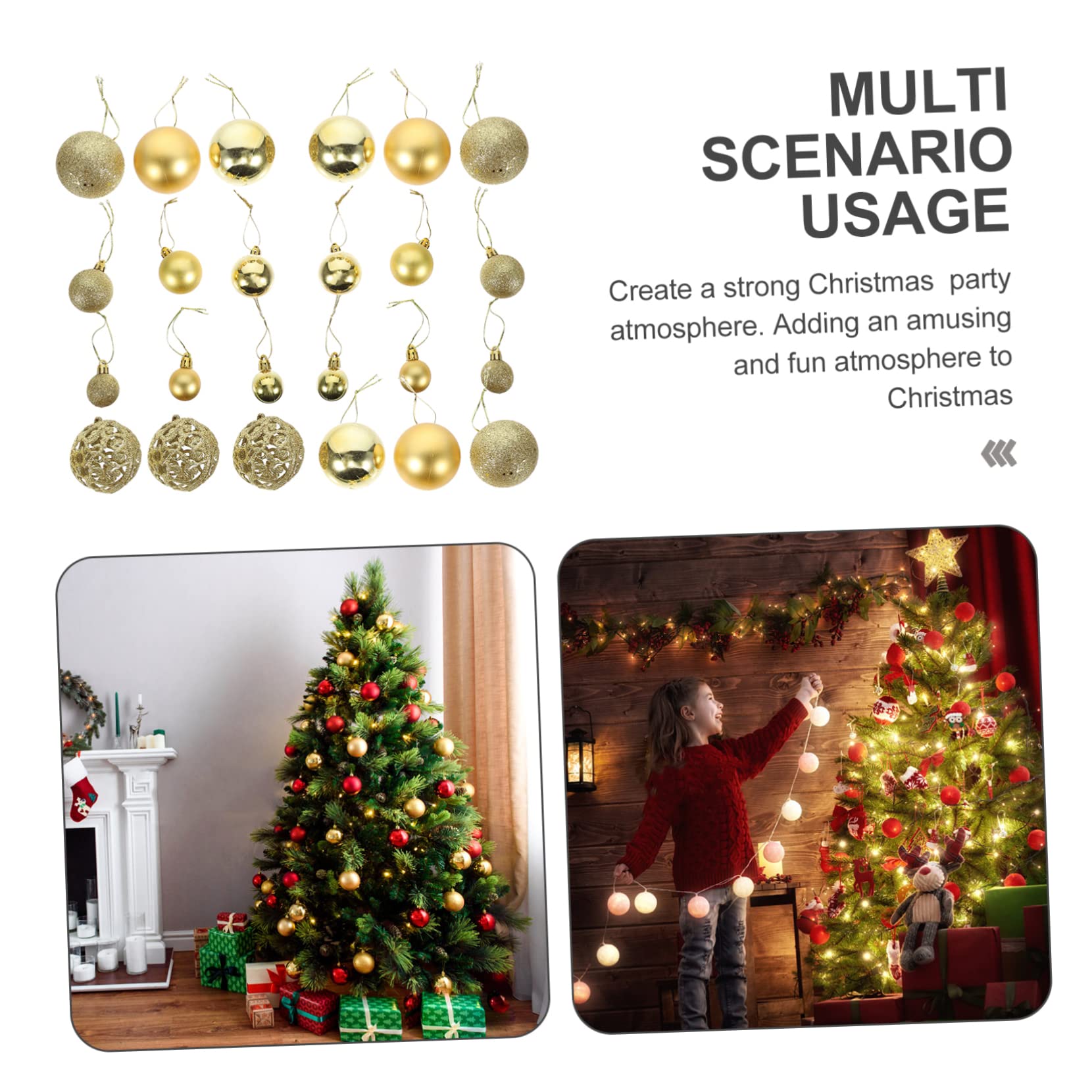Bolas Navideñas Doradas de Plástico 3-6 Cm con Cuerda para Colgar, Caja 100 Piezas para Adornos Creativos de Árbol y Hogar en Navidad