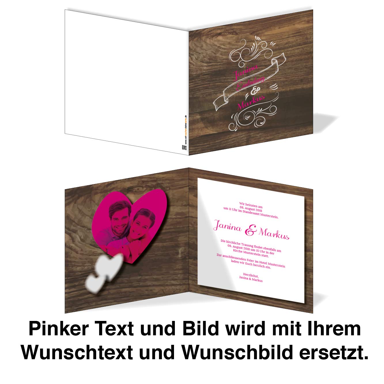 Gaudi Hochzeitskarte rustikal (30 Stück) – Einladungskarte mit Holz-Optik – Vintage Holz Einladung für deine Hochzeit quadratisch – Hochzeitseinladungskarte mit Druck und deinem Bild