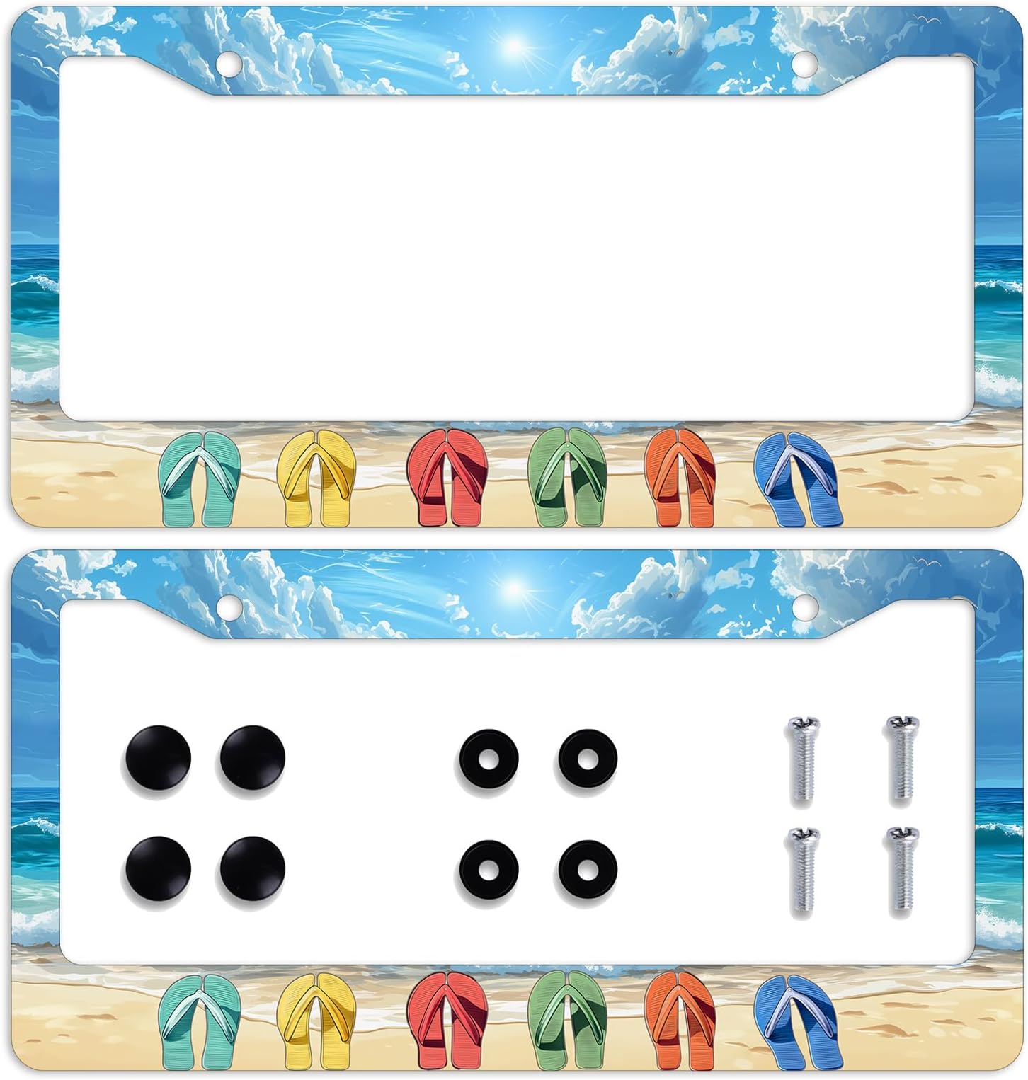 Tropical Beach License Plate Frame Flip Flops Palm Tree Ocean Car Front License Plate Personalise License Plate Frames Stainless Steel Metal Car Plates Tag Funny Decor Men Women 12.2"x6.2" 2PC