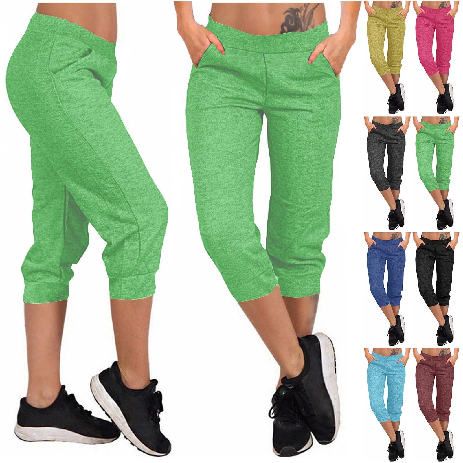 Pantalones 3/4 para mujer, pantalones capri de verano, ligeros, cintura alta, hasta la rodilla, pantalones de ocio, cómodos pantalones de entrenamiento con bolsillos, pantalones de tres cuartos,