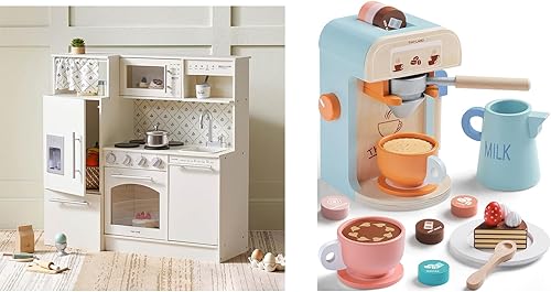 Tiny Land Juego de cocina de madera y cafetera, juguetes de cocina