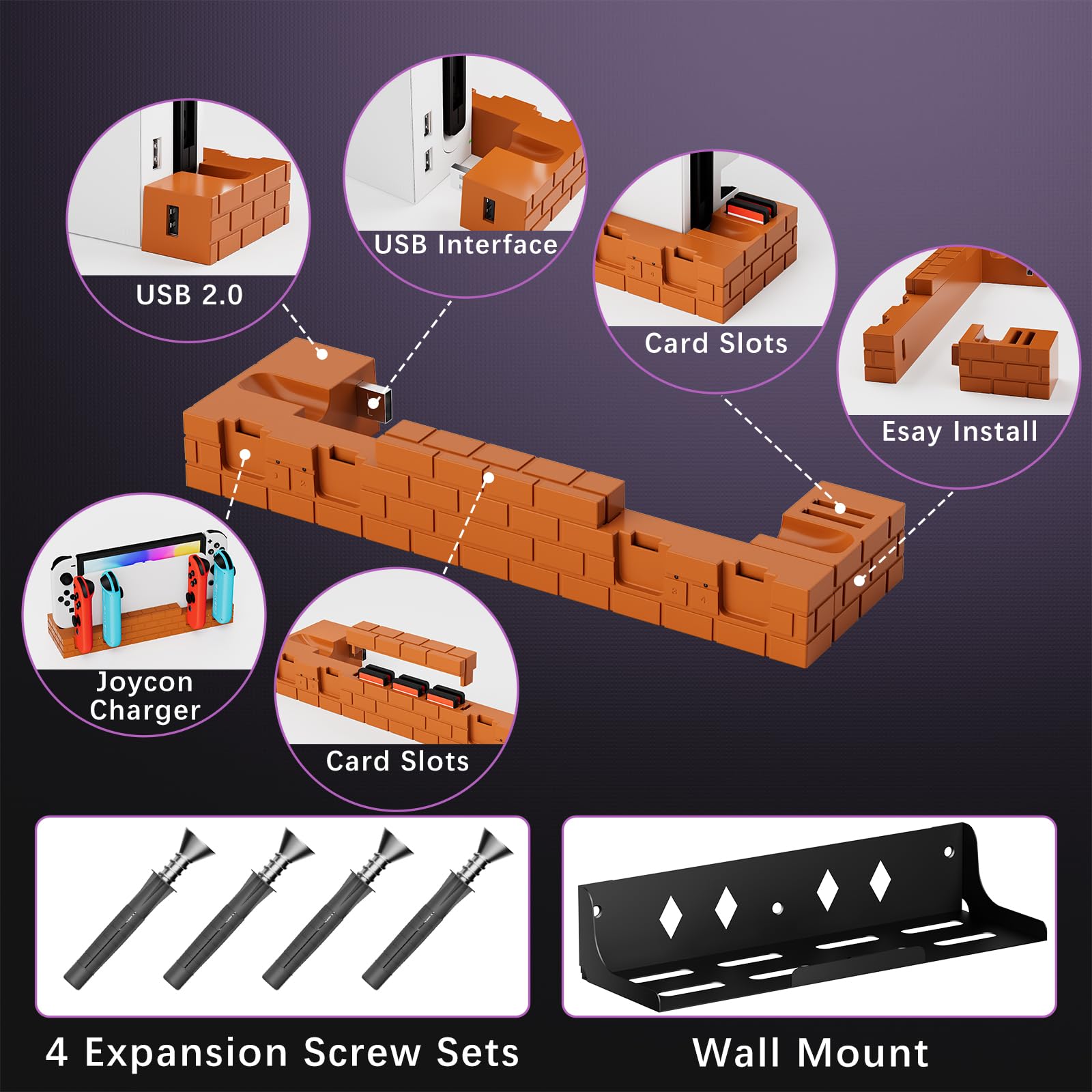 Hosanwell Soporte de pared para conmutador con cargador, soporte de pared para conmutador/conmutador OLED con 8 ranuras para juegos, carga hasta 4 J-Cons, soporte de pared detrás de TV, accesorio para