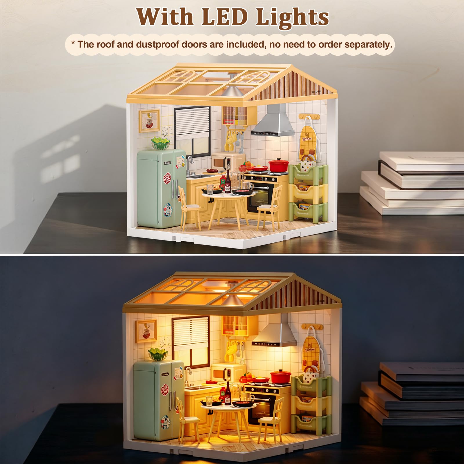 LED Klocki budowlane dla dorosłych, zestawy do zbudowania miniaturowego domku dla lalek w skali 1:24 z dachem i szczelnym zamknięciem, małe zestawy budowlane dla dzieci, chłopców, dziewcząt