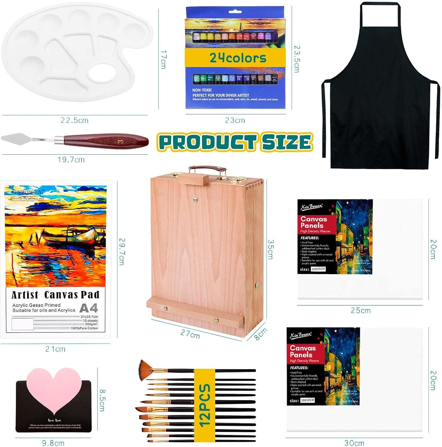 Chevalet Peinture Acrylique 44 Pièces,Fournitures Artistiques,24 Peinture,12 Pinceaux,3 Panneaux de toile,1 Palette,1 Tablier,Spatul,Kit de Peinture pour Artistes,Débutants
