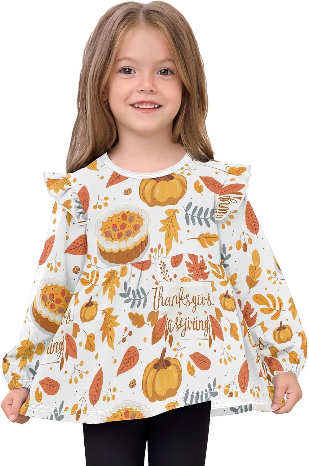 visesunny Toddler Clothes for Girls Thanksgiving Leaf Pumpkin Long Sleeve Fall Shirts Cotton Top with Ruffle Collar