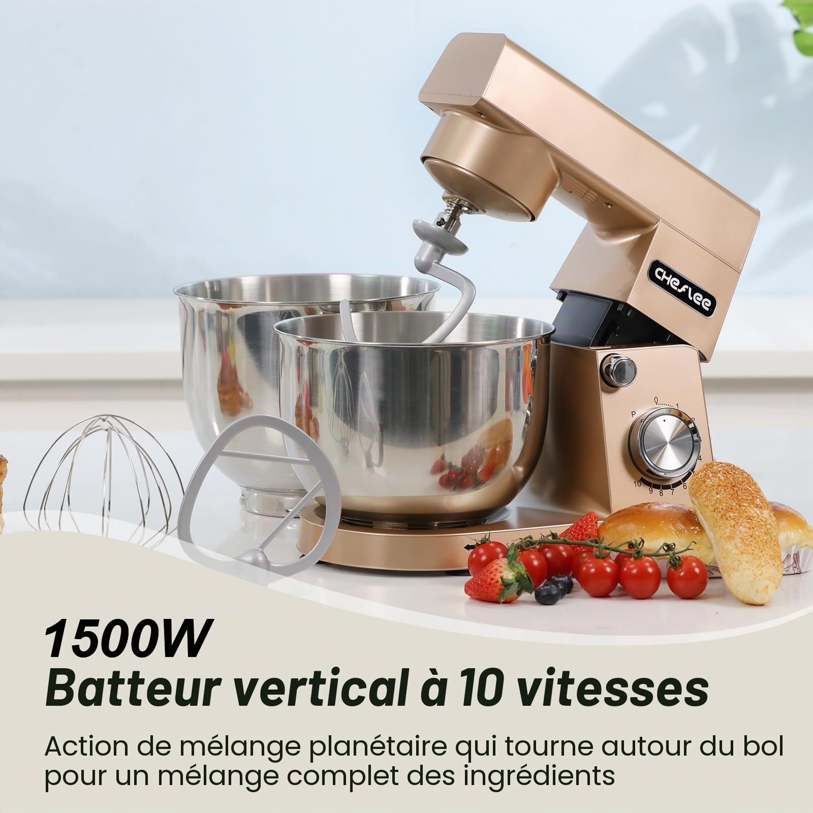 Robot Patissier CHeflee,1500 W Robot Pâtissier,avec Bol en Acier Inoxydable de 4,5 et 5,5 L,10+P Vitesse,avec Crochet Mélangeur, Crochet Pétrisseur,Fouet et Protection Anti-Eclaboussures (Dore）