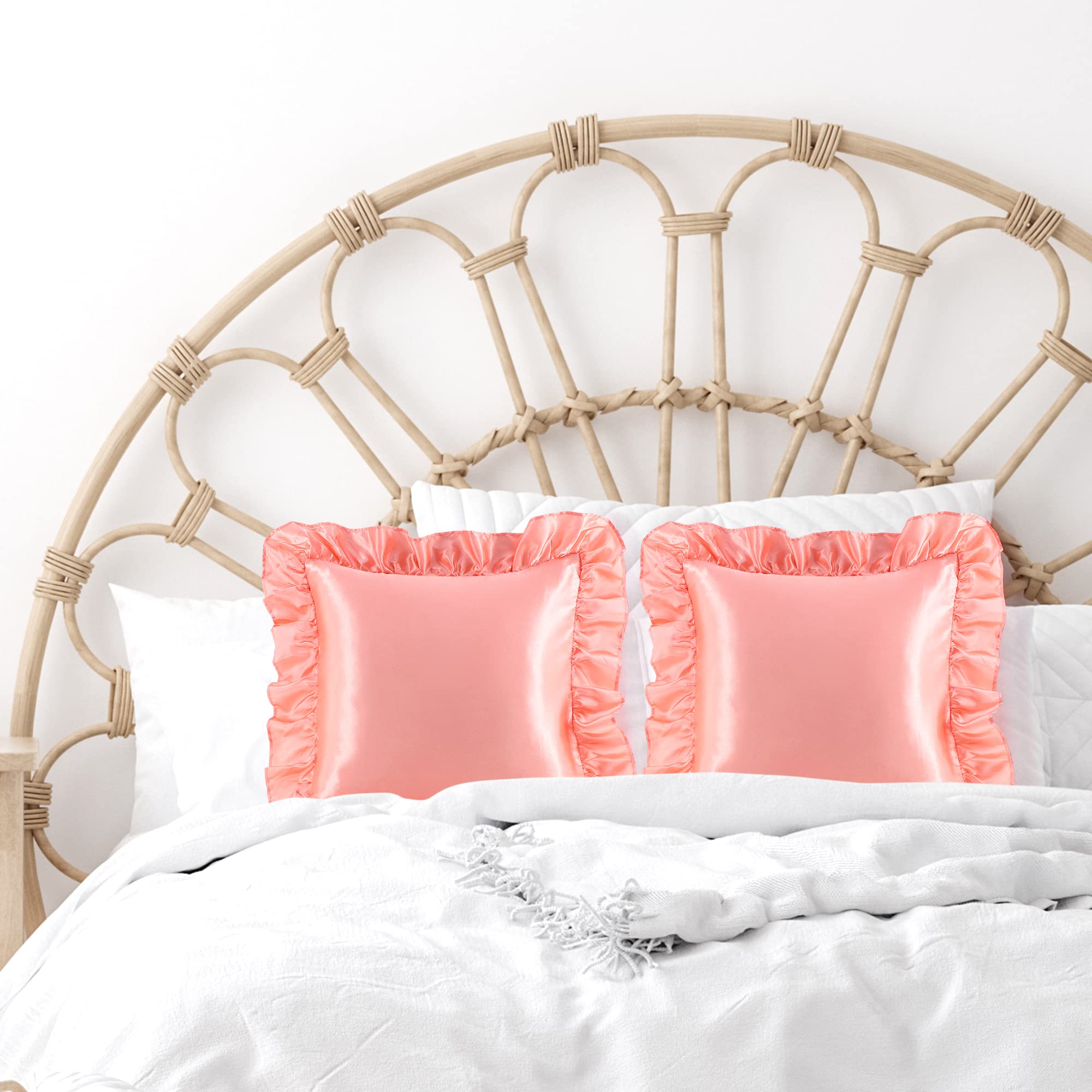 PiccoCasa Set van 2 satijnen kussenslopen met romantische ruches, hoofdkussensloop, effen, glad, glanzend, met hotelsluiting, roze, 40 x 40 cm