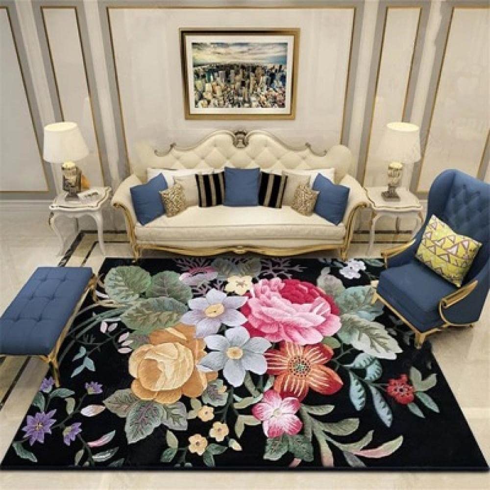 Tapis de salon 140x200 lavable et antidérapant à motif fleurs 3D