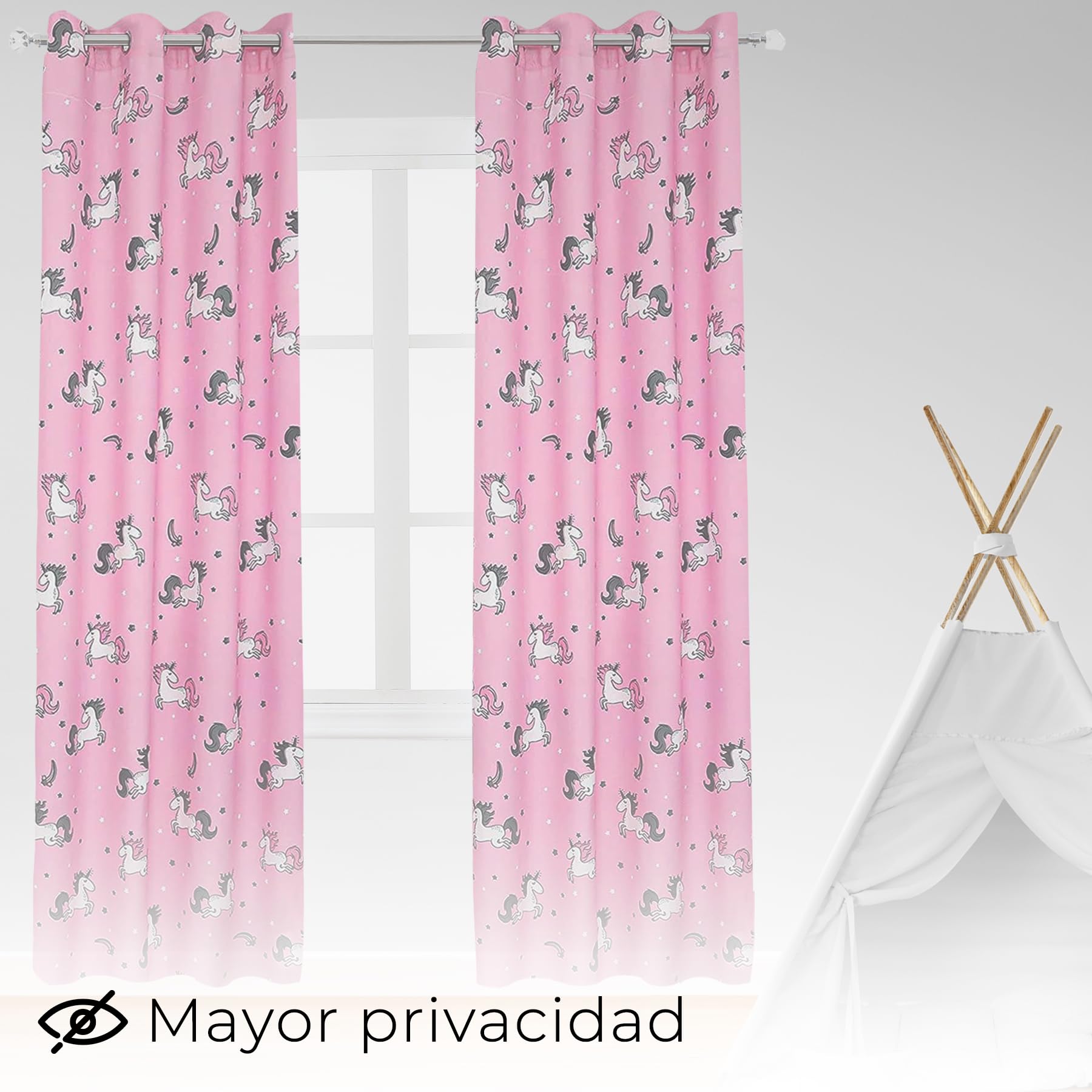 2 Piezas Cortina Infantil Opaca para Habitación de Niñas, 140 x 260cm Ancho x Alto, Cortina Cortina Dormitorio Infantil con Diseño Unicornio Rosa, Material 100% Poliéster
