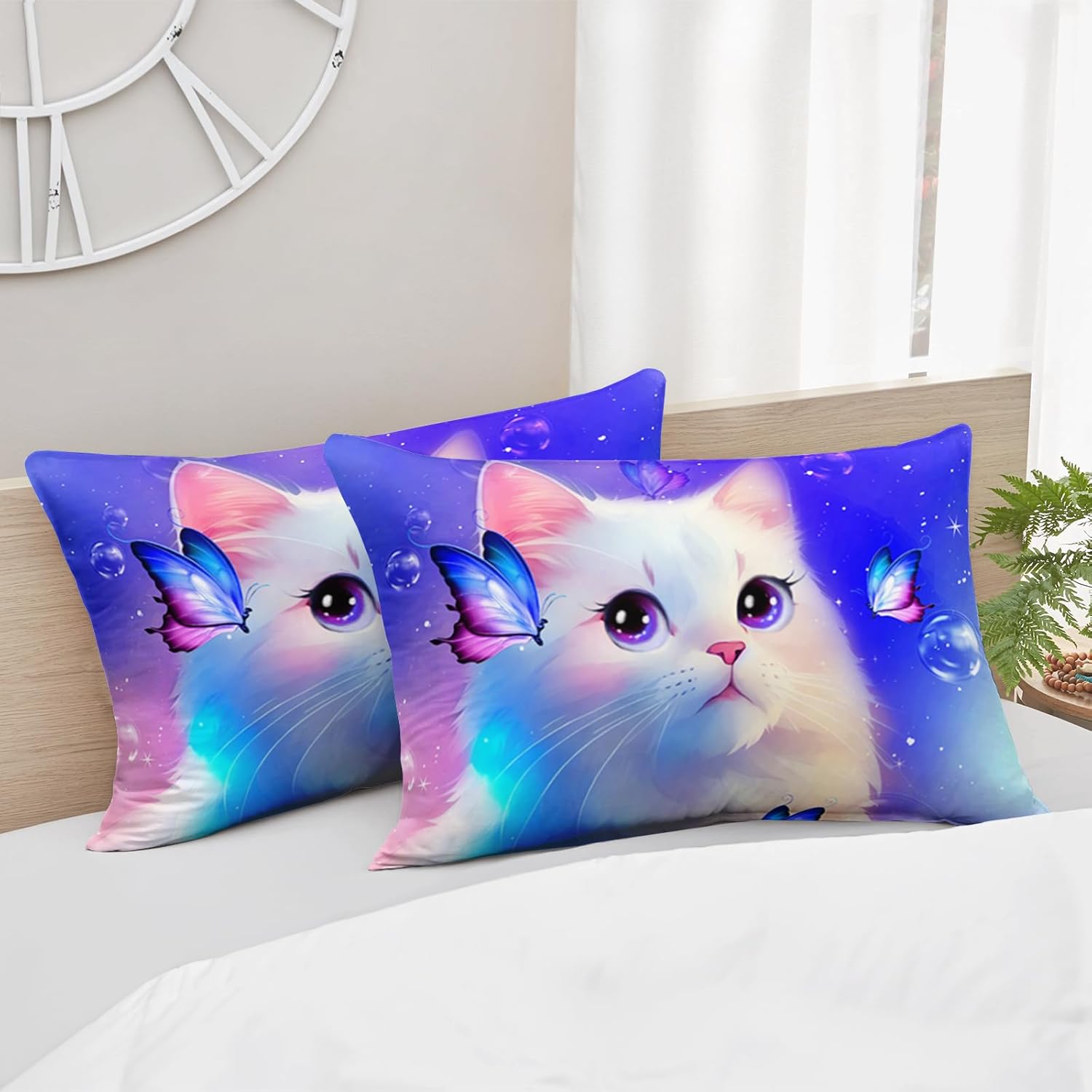 AILONEN Kids Cat Comforter Set - Twin Size, Cute White Cat Bedding Set for Girls and Boys, Purple Tint Duvet Set, 3 Pieces - 1 Quilt and 2 Pillowcases