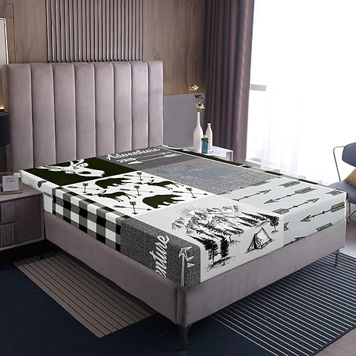 Miniatura 85 de Sábana bajera ajustable de oso de caza, juego de ropa de cama a cuadros de búfalo, sábanas de retazos de cabaña rústica para niños, niños, Multi