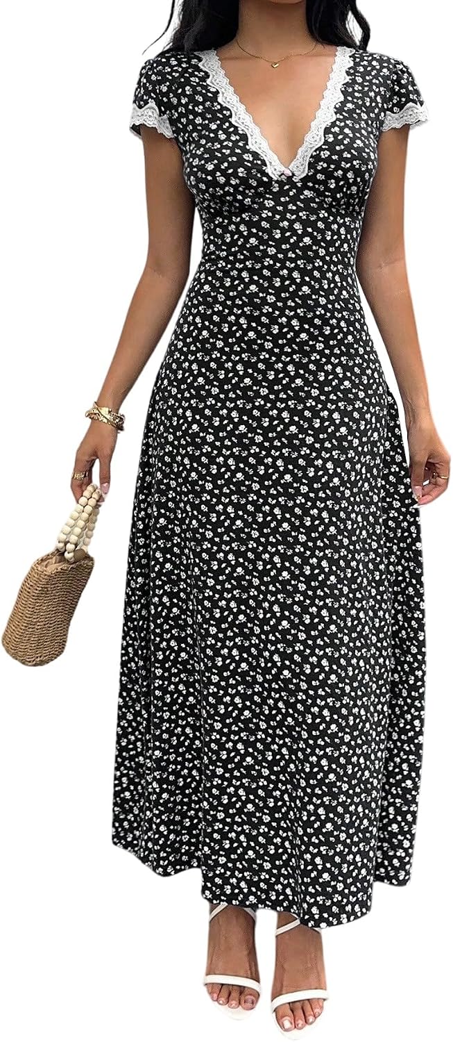 (-70%) SweatyRocks Sommerkleid Damen Lang Boho Kleid Mit Spitze Maxikleid A Linie Blumenkleid Spitzenkleid Strandkleider Sommer Outfits Schwarz M
