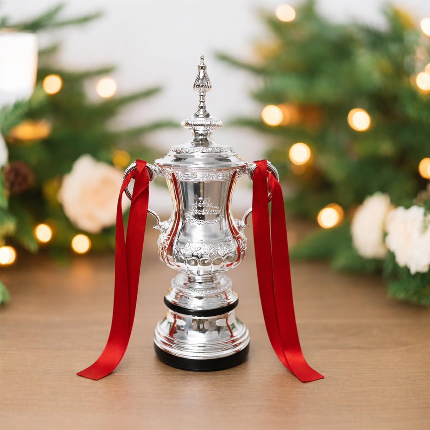Nachbildung Der FußBall FA Cup Trophäe Mit Farbband FußBall Champion Trophäen Fans Büro Heimdekoration Erinnerungsstücke Sammlung Display Ornamente Kunstharz,32cm