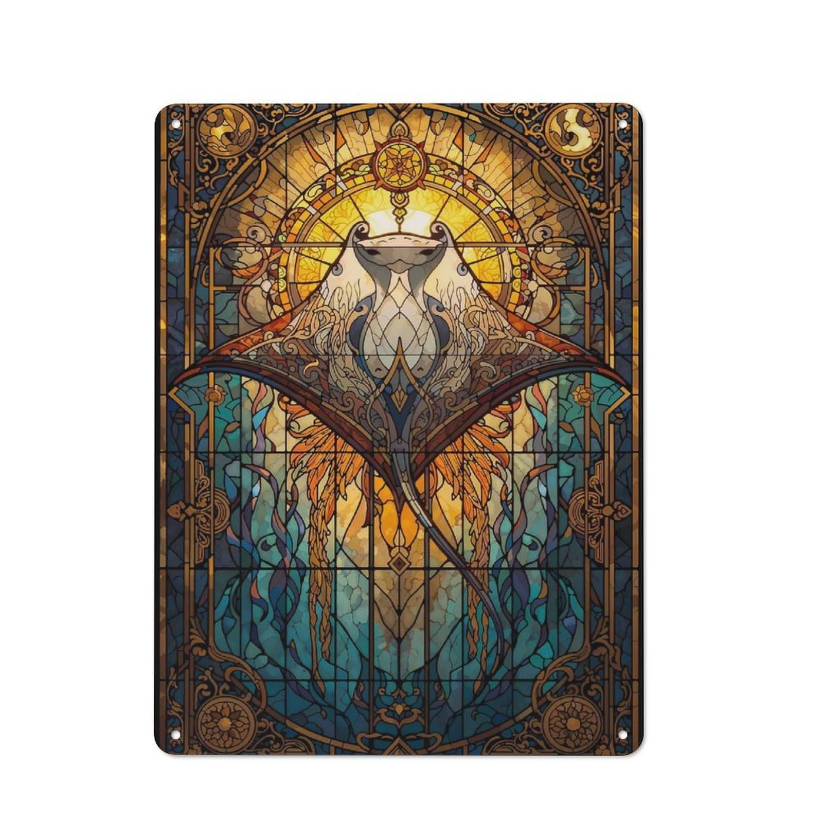 Junmoney Style-10 For Hobby Room Or Studio, Manta Rays Stained Glass Retro Metal Sign 40X30cm, A Decorative Gift For A Newly Furnished Hobby Room And Studio