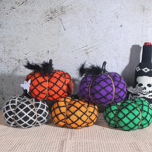 Miniatura 8 de Calabazas artificiales de Halloween, tela de algodón, calabazas de punto, color naranja y morado, centro de mesa de otoño para granja, cosecha de