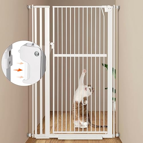 Miniatura 8 de Puerta extra alta para mascotas de 59 pulgadas, puerta de metal duradera para gatos con doble cerradura de seguridad y puerta de paso, cierre