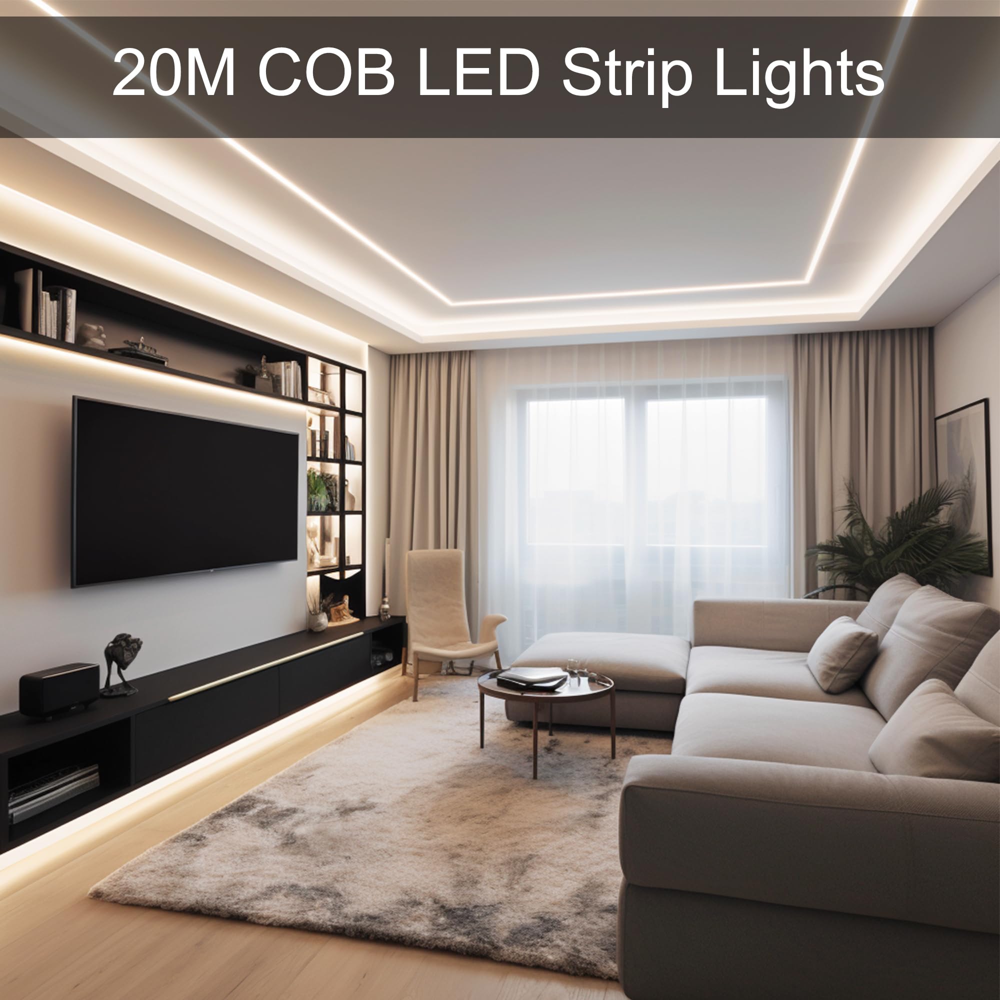 TTWAY Tira LED COB 20m 4000K Con Fuente de Alimentación y Control Remoto, 384LEDs/M, DC24V, CRI 90+, 8mm Ancho, Blanco Natural Regulable Para Decoración del Hogar (2x10m)