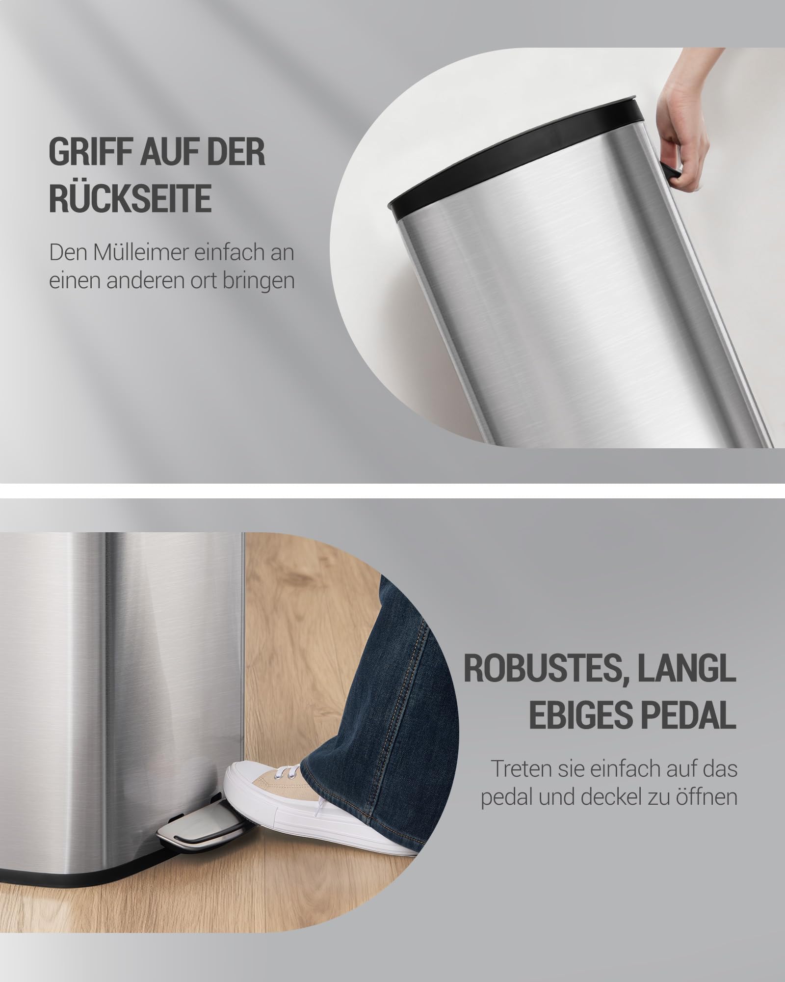 Hzuaneri Mülleimer Küche, 50 Liter Abfalleimer mit Tretpedal, Tretmülleimer mit Softclose-Deckel und Inneneimer, Küchenmülleimer mit 15 Müllbeuteln, Stahl, Silber SW15099E