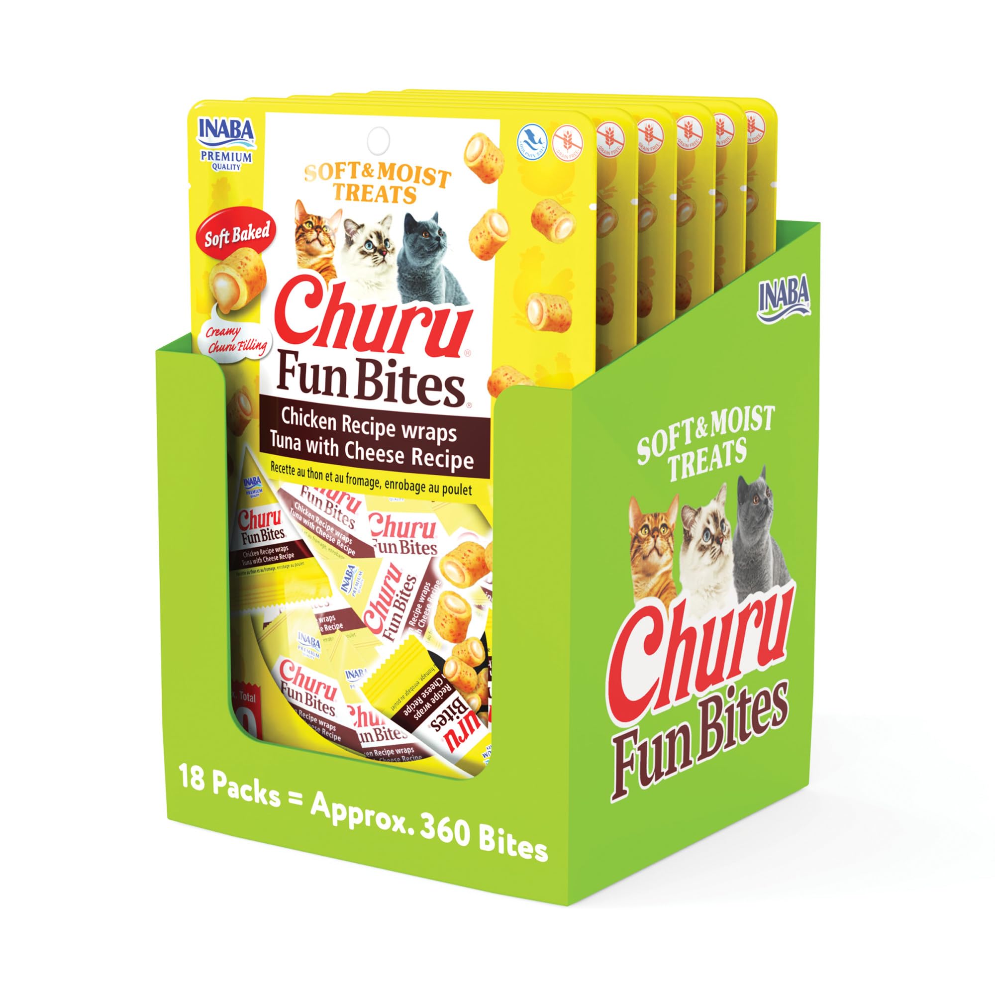Churu Fun Bites for Cats, Soft & Chewy Cat Treats with Taurine, 0.42 Ounces Each Tetra, 18 Tetras (3 per Bag), Tuna with Cheese Recipe