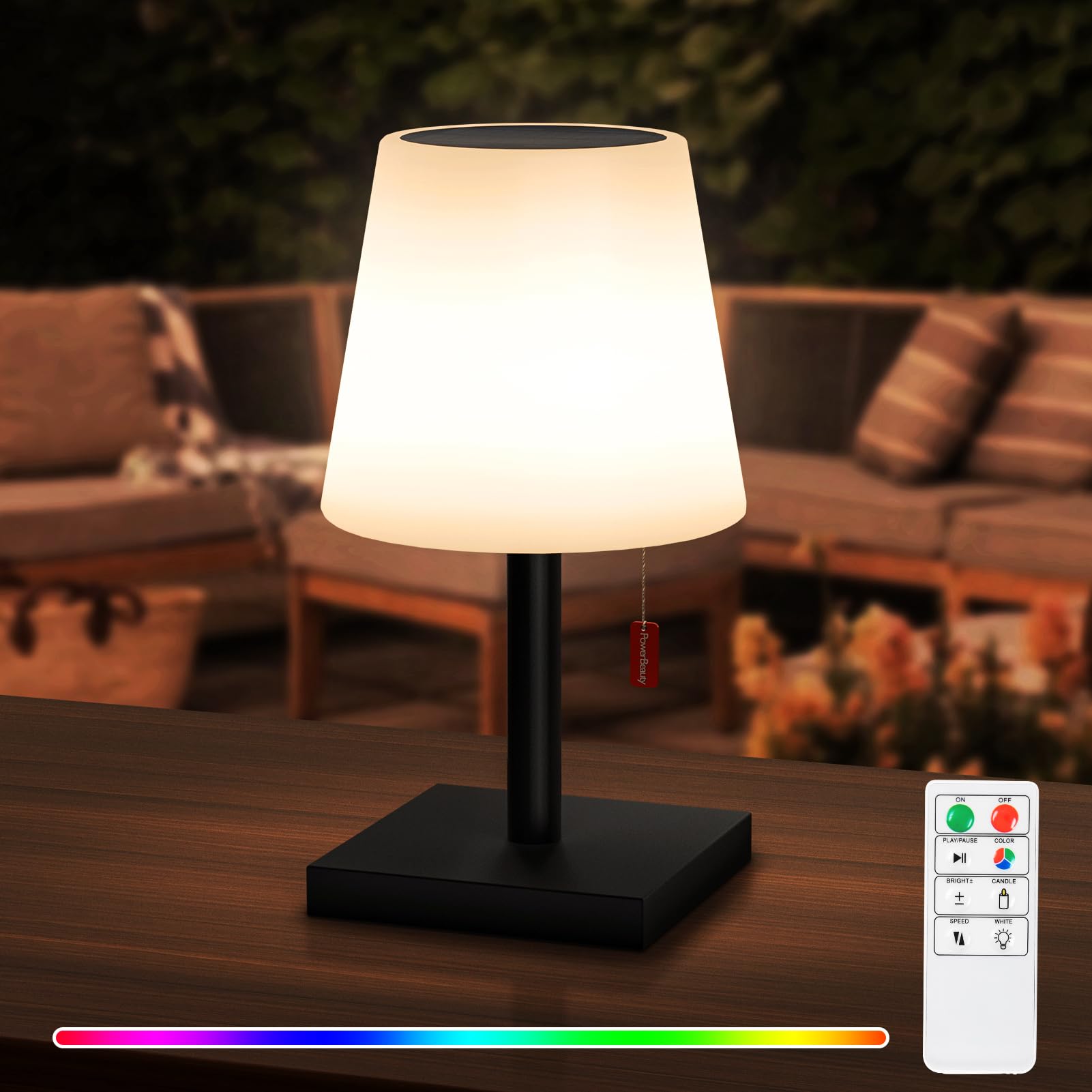 RWWR LED Solar Tischlampe Outdoor 2-in-1 Aufladung Tischlampe kabellos Akku Tischleuchte aufladbar mit Fernsteuerung 8 Farben dimmbar IP44 für Camping Garten Balkon Terrasse (Schwarz)