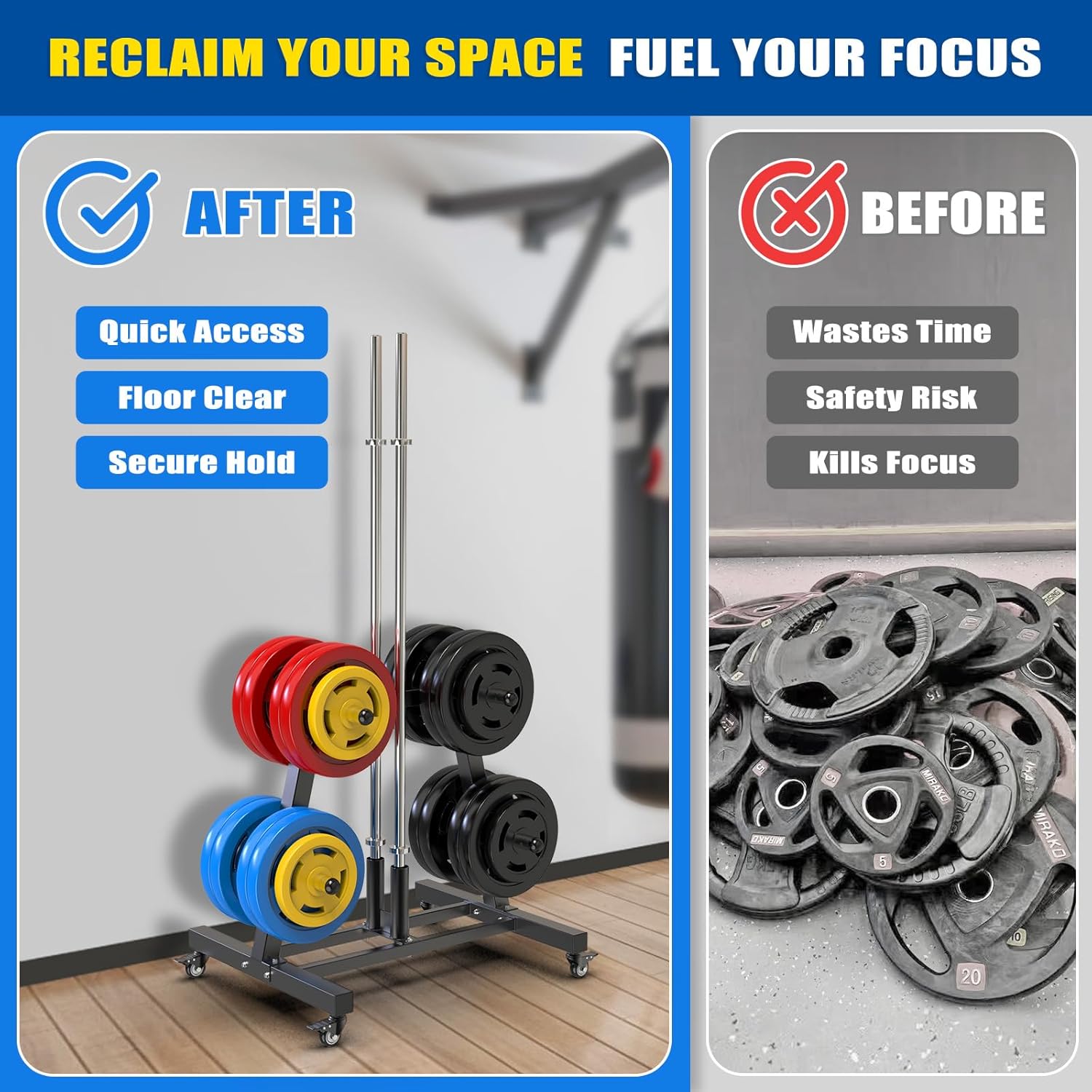 Kipika Weight Plate Tree Rack, Weight Holder for 2 inch Olympic Weight Plate & 2 Barbell Holders, Heavy Duty Bumper Plate Storage Organizer for Home Gym with Optional Wheels