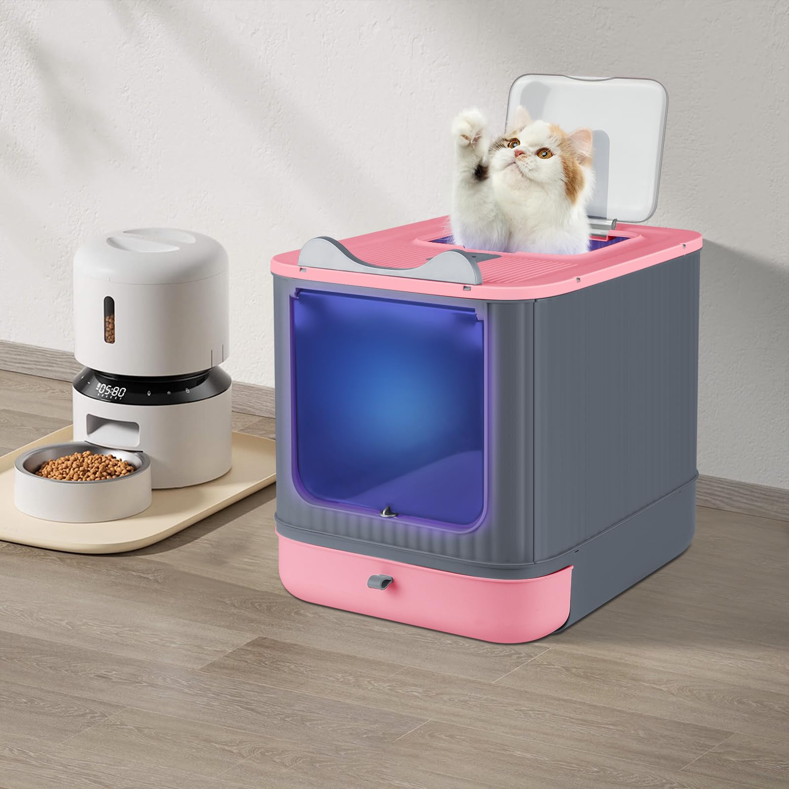 Bac à litière pour chat avec pelle, bac auto-nettoyant, désinfection UV, bac anti-fuite, fond anti-fuite (rose + gris)