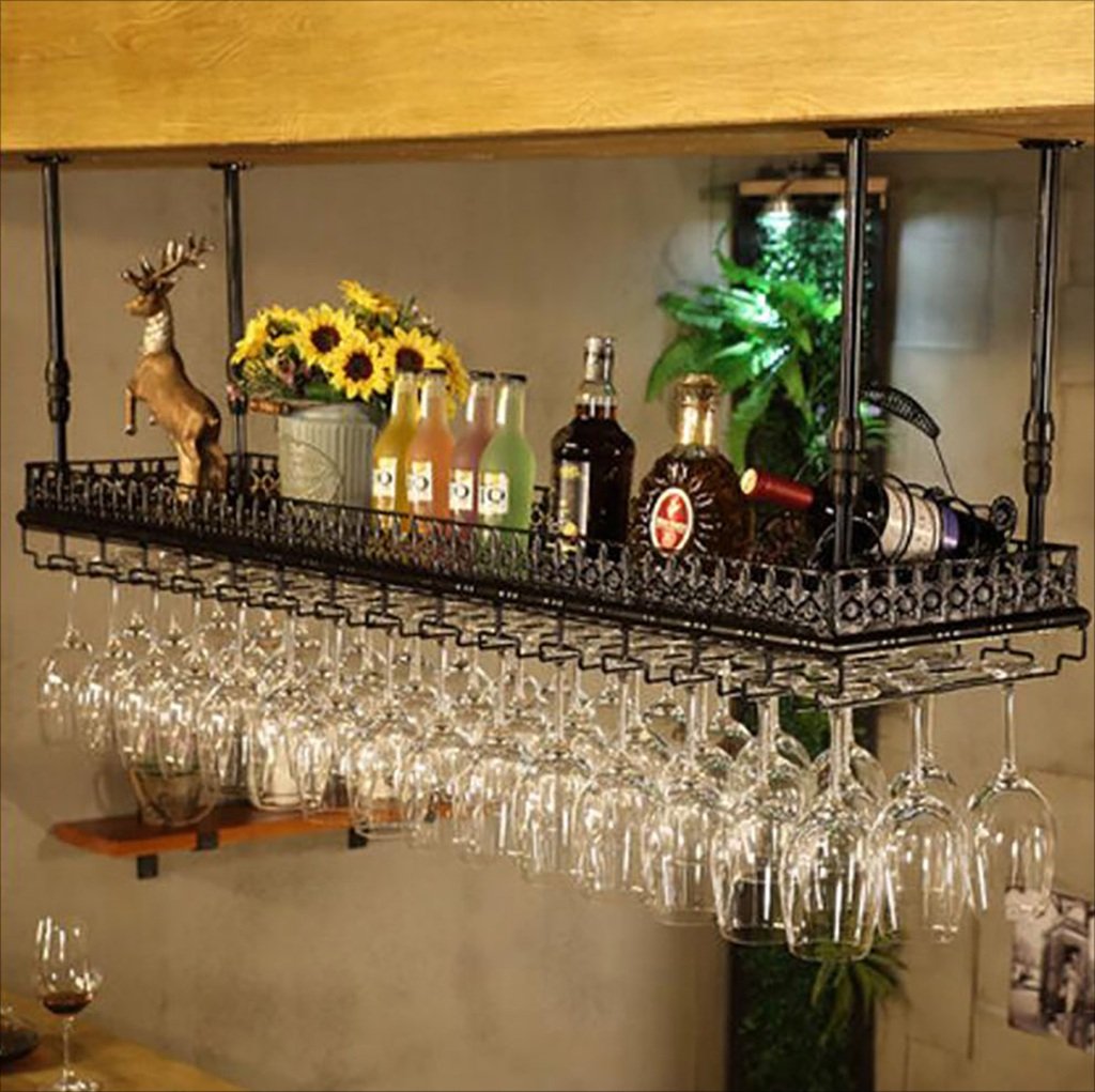 Porte-verre à l'envers en métal noir et grand casier suspendu pour bouteilles de vin