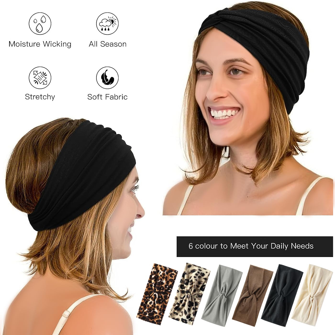SSKHE 6PCS Headbands for Women Wide Ladies Headband Boho, Stretchy Headbands, Print Leopard Bandanas - Image 3
