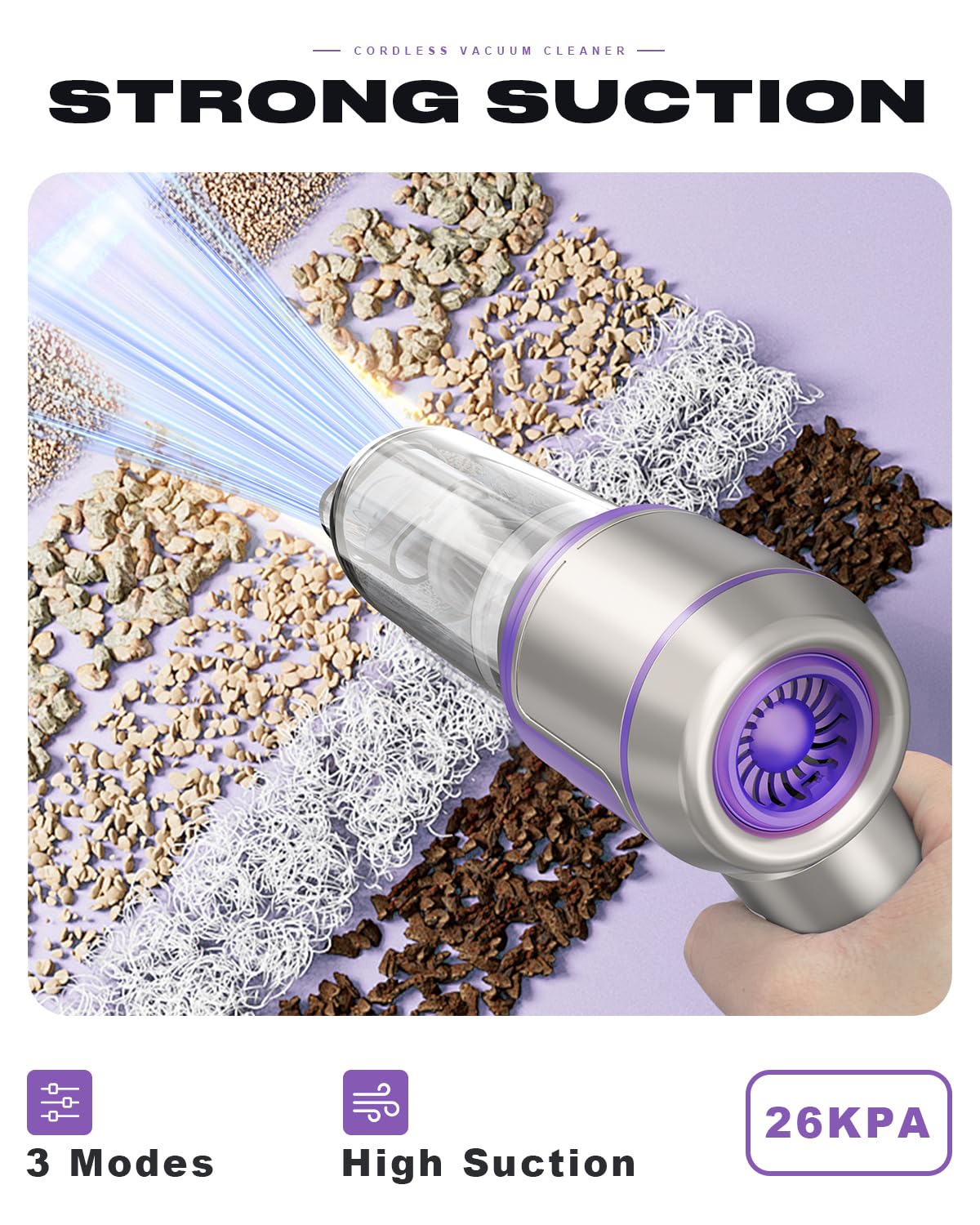 KITBEZN Aspirateur à Main, 26000PA Aspirateur Voiture sans Fil Puissant, 220000 TR/Min Moteur sans Balai, 4 en 1 Niveaux Réglables pour Poils d'animaux, Voiture, Maison, Violet