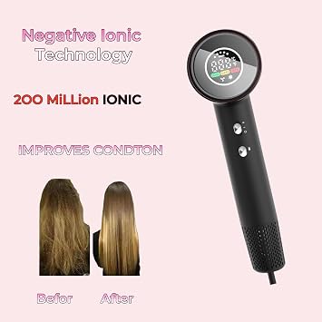 Professional Lightweight Ionic High Speed Hair Dryer 1500W with Nozzle - 110,000RPM Motor, High-Density Negative Ions Fast Drying Blow Dryer,4 Heat & 2 Speed Settings, LCD Display, Quiet