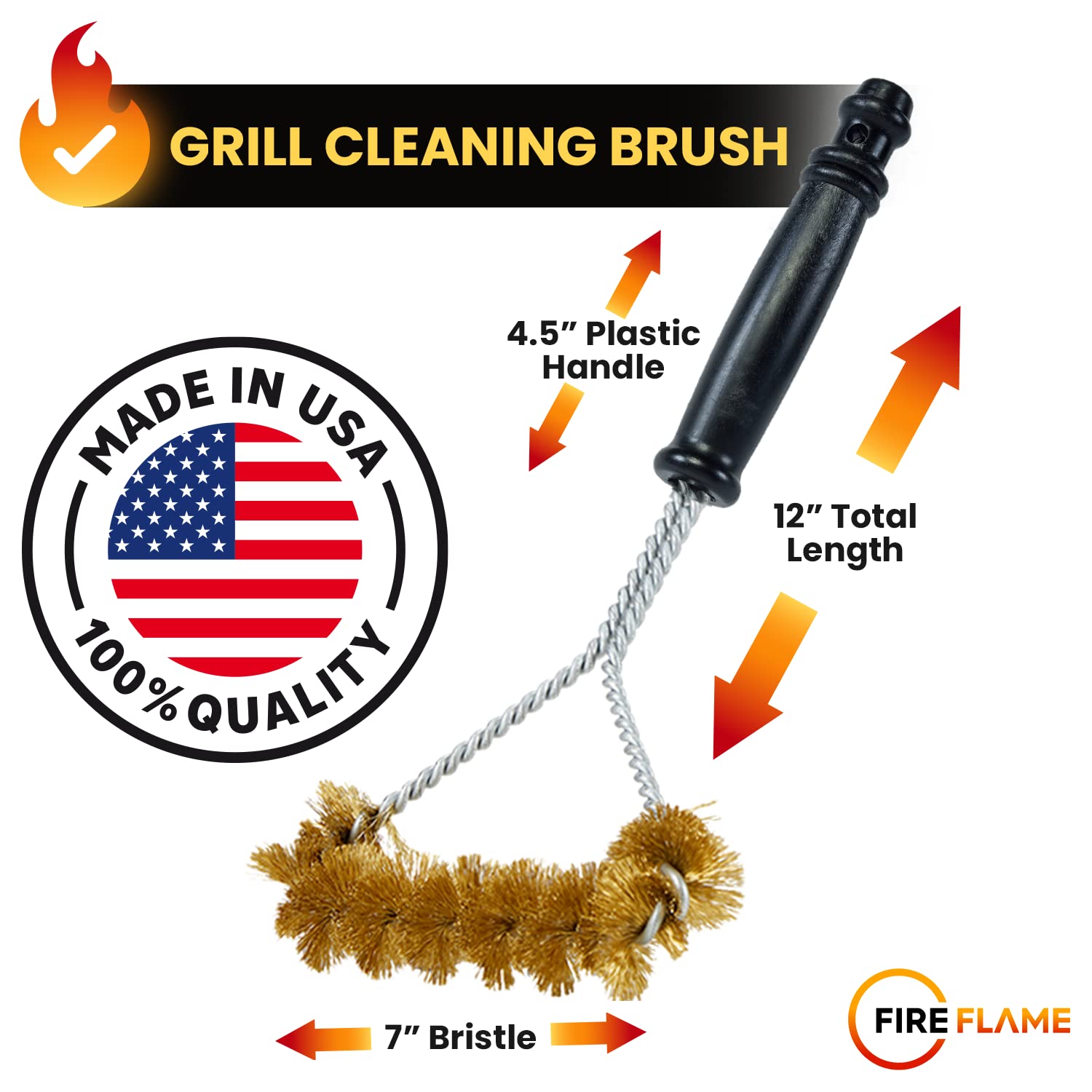 Fireflame - Spazzola per barbecue con setole in ottone antigraffio, manico lungo 30,5 cm, per la pulizia della griglia, a spirale larga e resistente, prodotta negli Stati Uniti