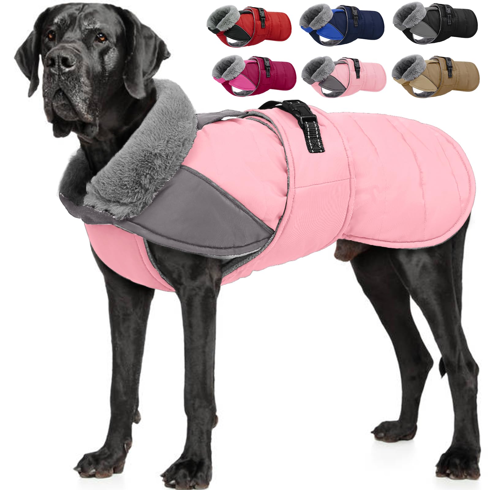 Nanaki Dog Coat Jacket for Large Dogs Winter Waterproof, Warm Fleece Lining Furry Collar Large Dog Jacket with Leash Hole, Reflective Cold Weather Pet Jacket Outdoor Walking Hunting,Easy On Pink 3XL