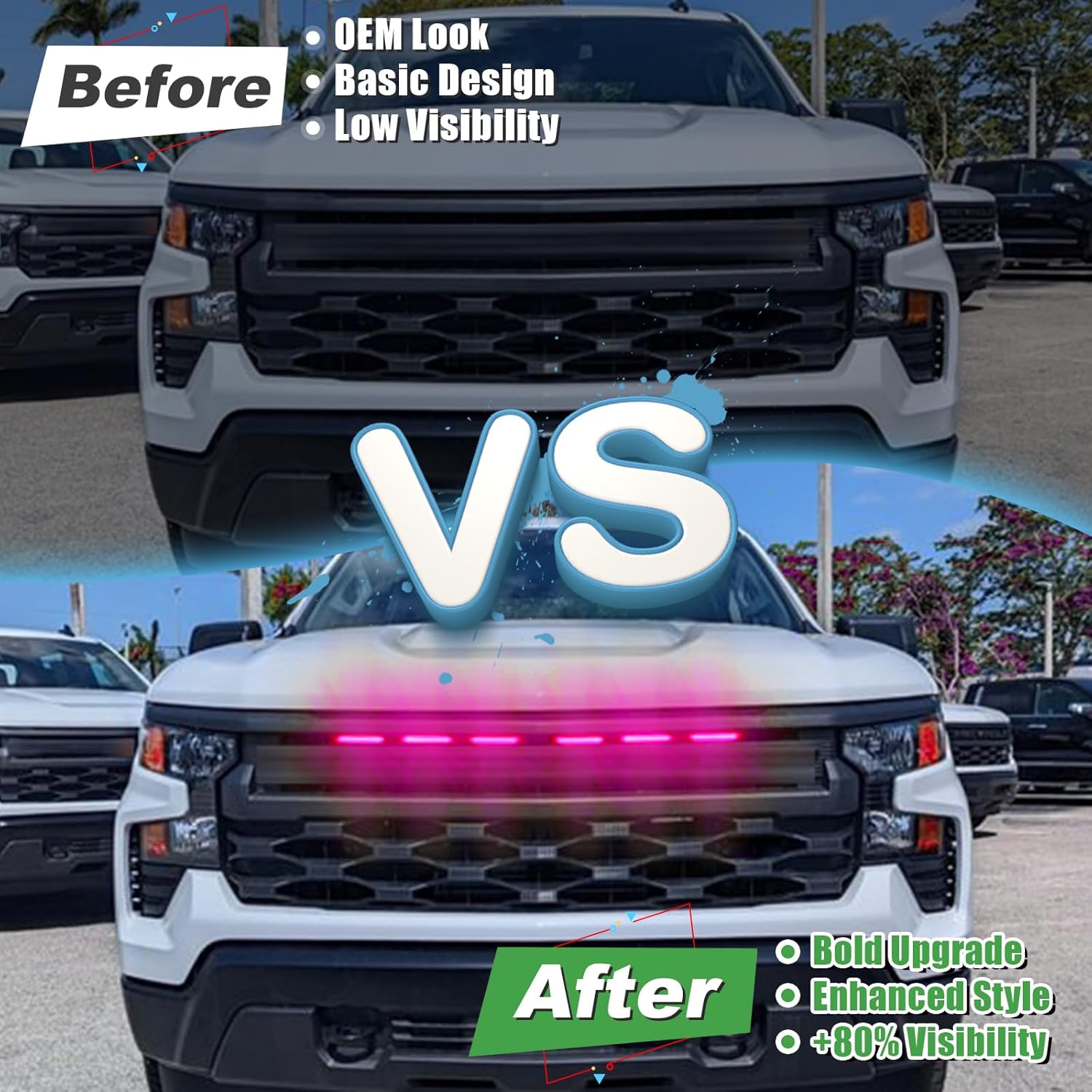 LED Front Grille Lights Fits for 2022-2025 Silverado 1500 WT Custom Trail Boss Custom Grill Lights Front Bumper Light for Chevr y Silverado 1500 Accessories 84692656 (RGB)