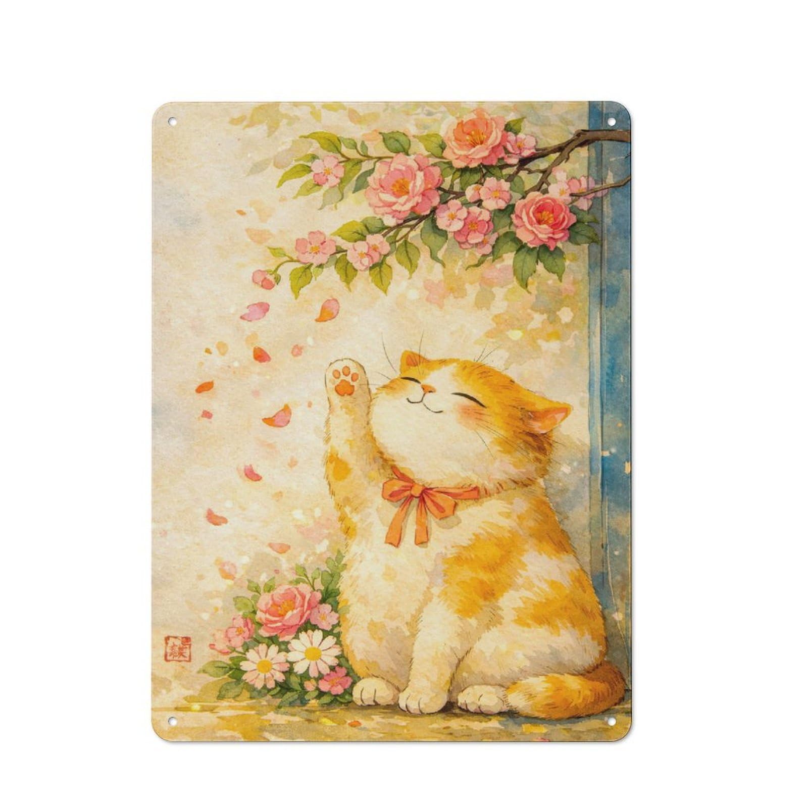 Junmoney Style-19 Cute Cat With Flowers Everyday Metal Wall Decor 40X30cm, Decorative Tin Plaque For Flat, Dorm Room, Lounge Or Cafe