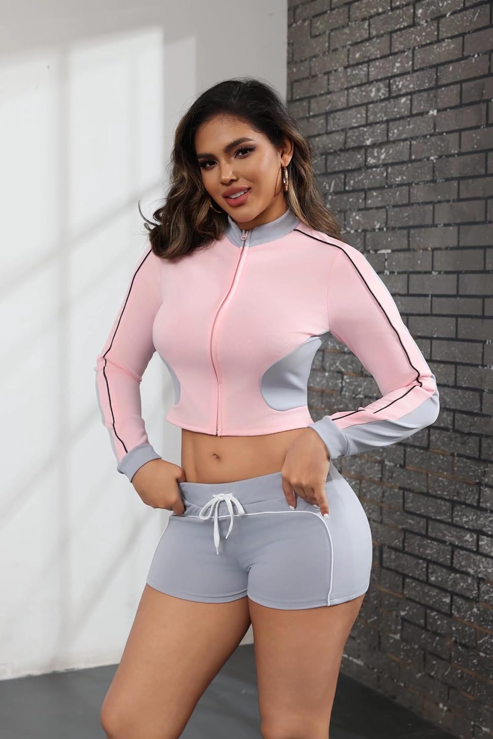 Uni Clau Two Piece Sets for Women Casual Long Sleeve Crop Top Zipper Jacket Shorts Set Workout Sets Lounge Set Tracksuit - Image 3