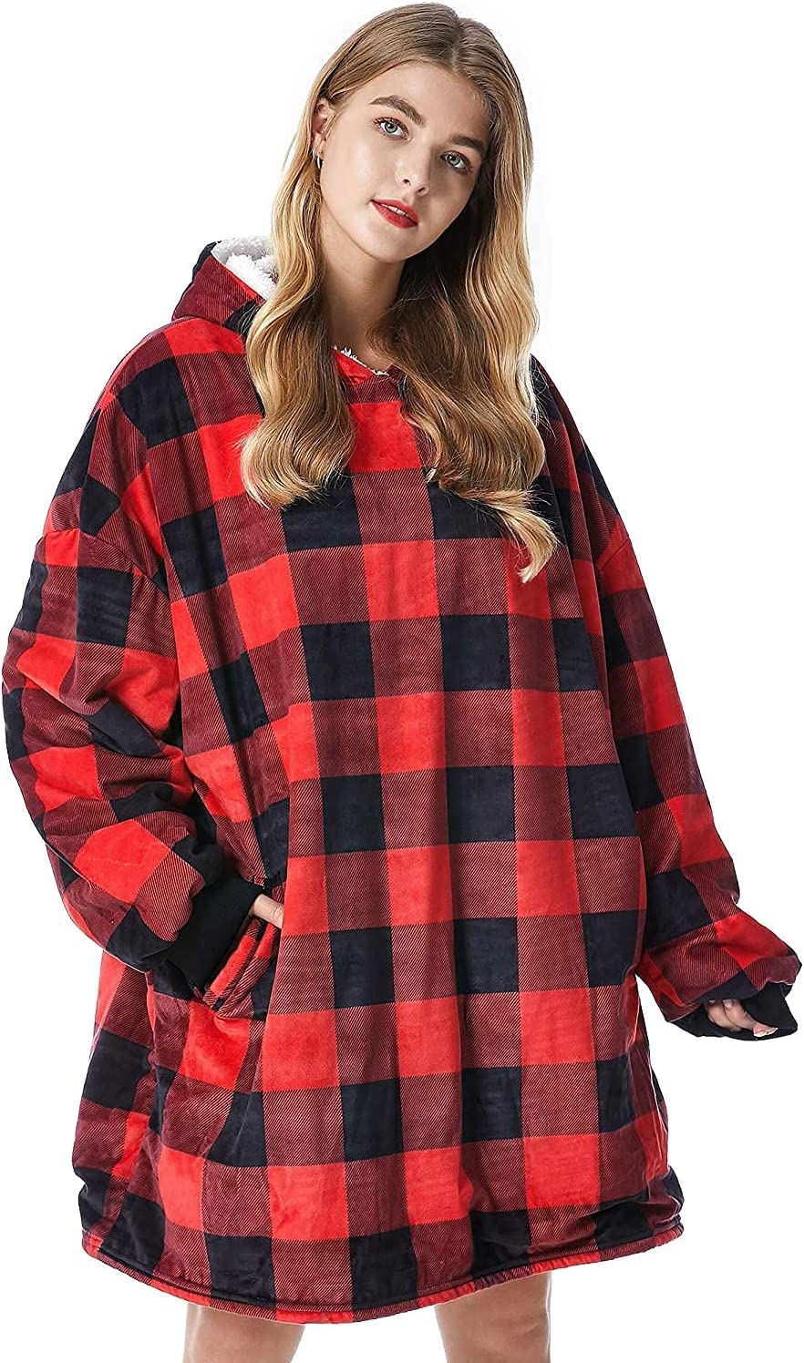 Oversized Flannel Blanket with Long Sleeves, Wearable and Cozy with Large Front Pocket, Sherpa Fleece Lining for Adults, Teens and Children One Size Fits All - Red Grid