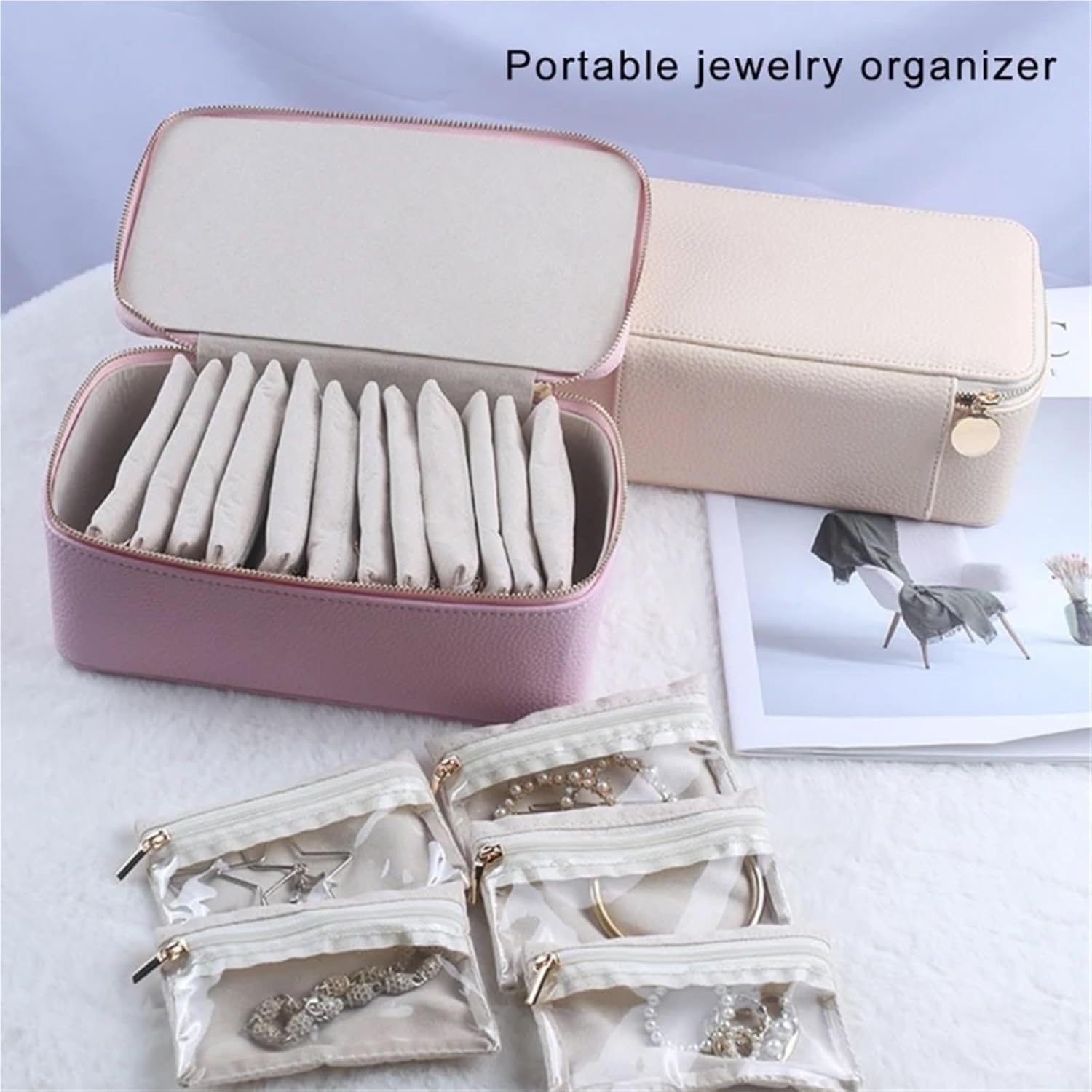 Jewelry Organizer Elegant Travel Jewelry Case With 12 Velvets Zippers Pouches PU Leather Earrings Necklaces Accessories Holder(Beige)